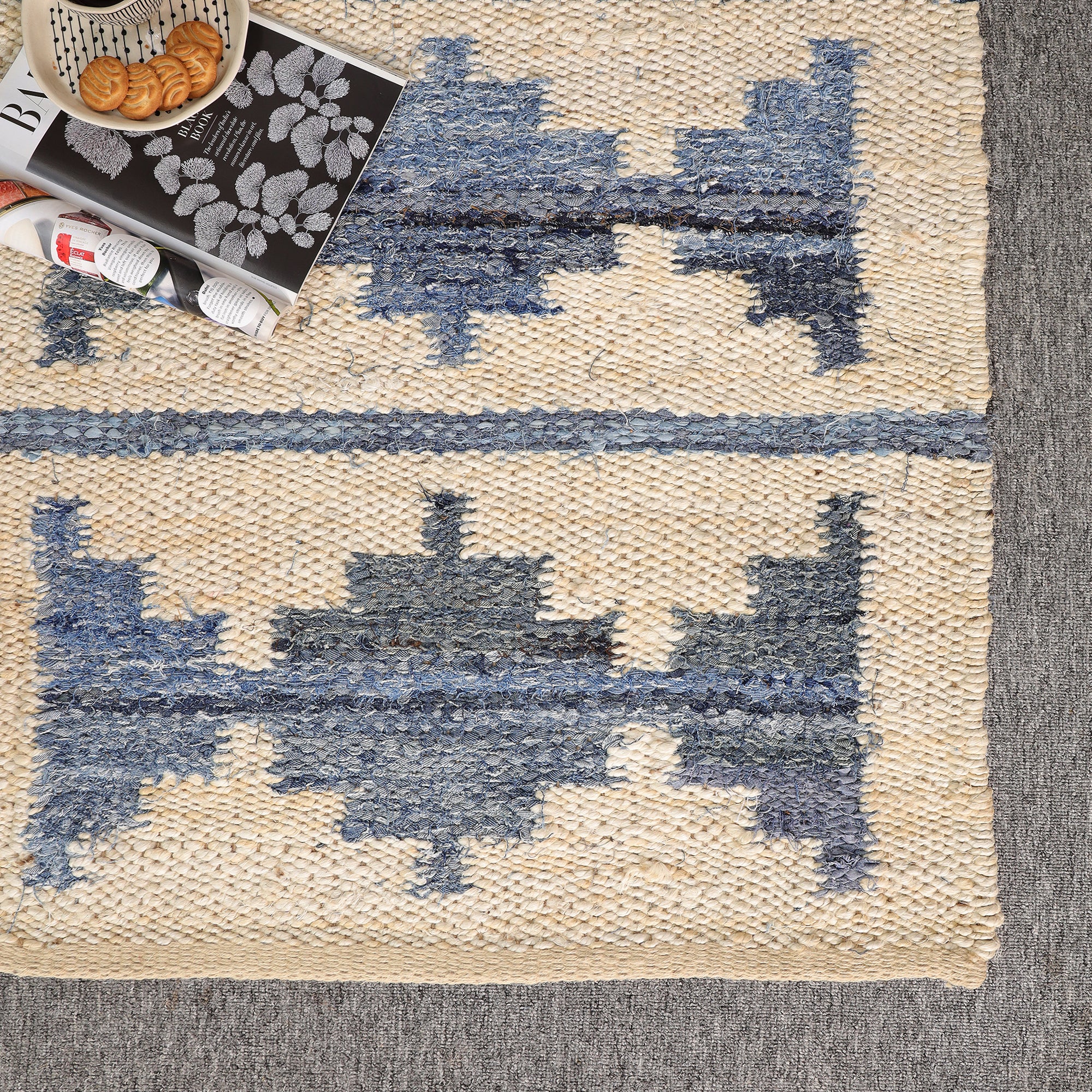Handwoven Blue & Ivory Kilim Area Hemp Rug Modern Geometric Living Room Carpet
