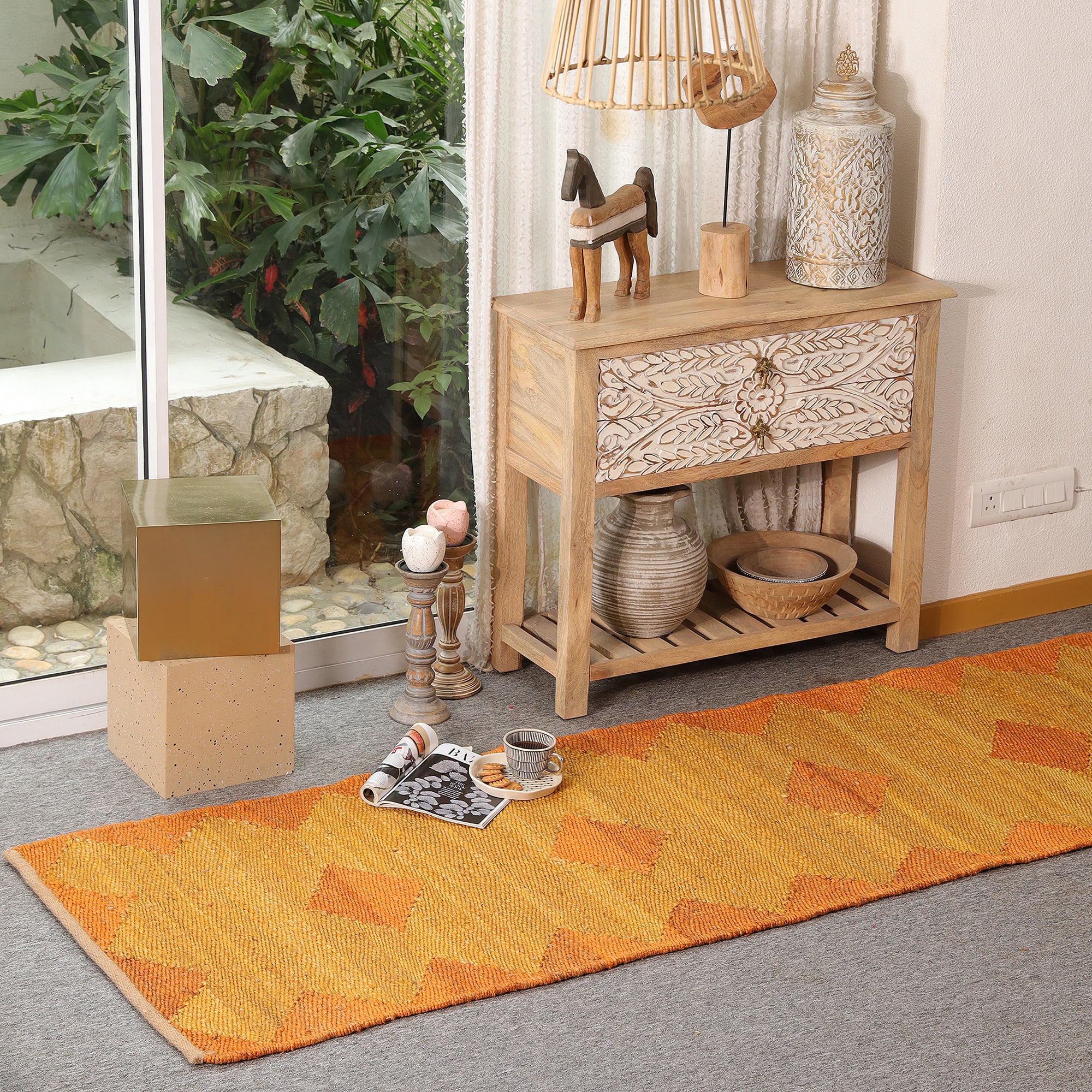 Handwoven Hemp Runner Rug Mustard & Orange Geometric Hallway Runner