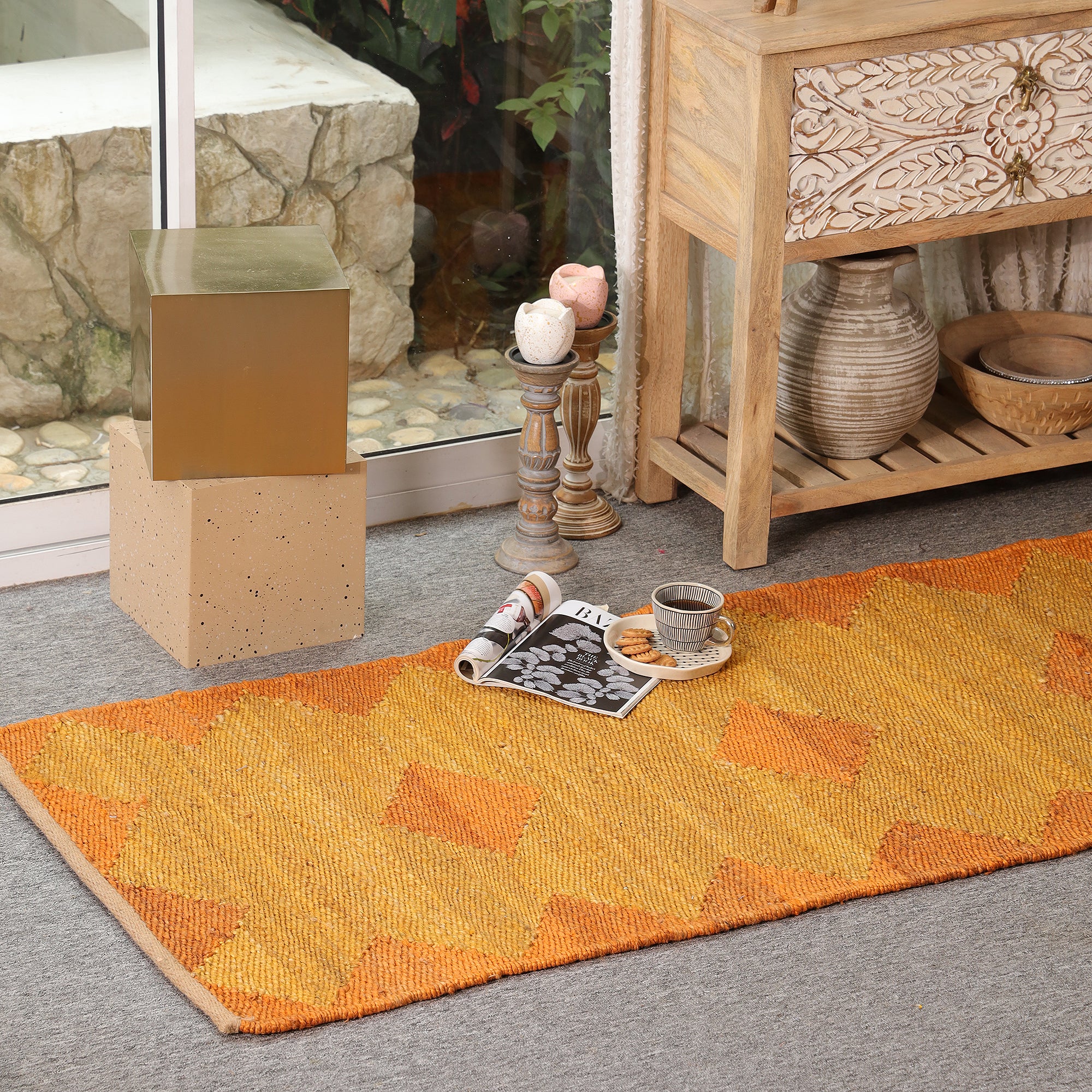 Handwoven Hemp Runner Rug Mustard & Orange Geometric Hallway Runner