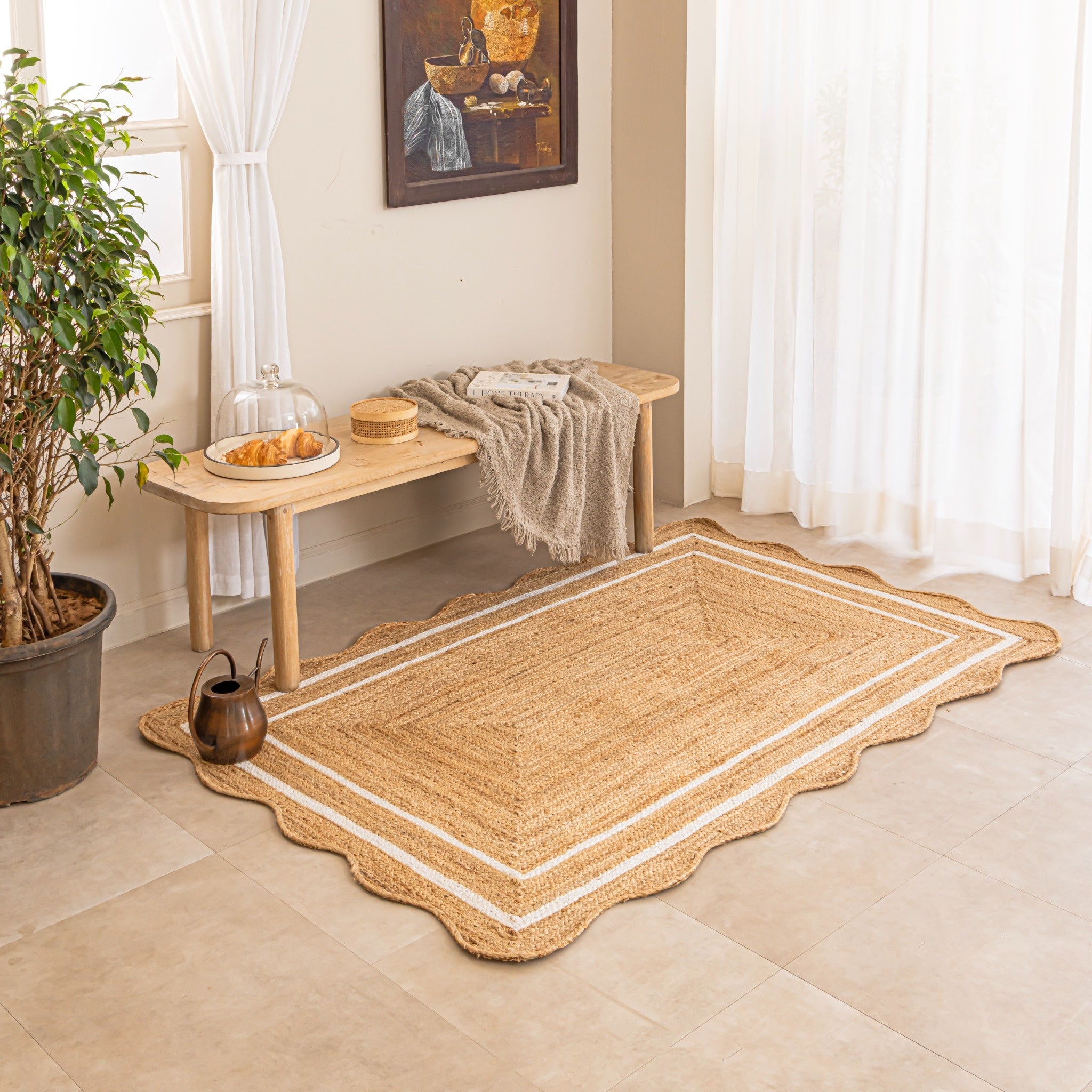 Handmade Jute Area Rug with White Border Natural Boho Woven Rug
