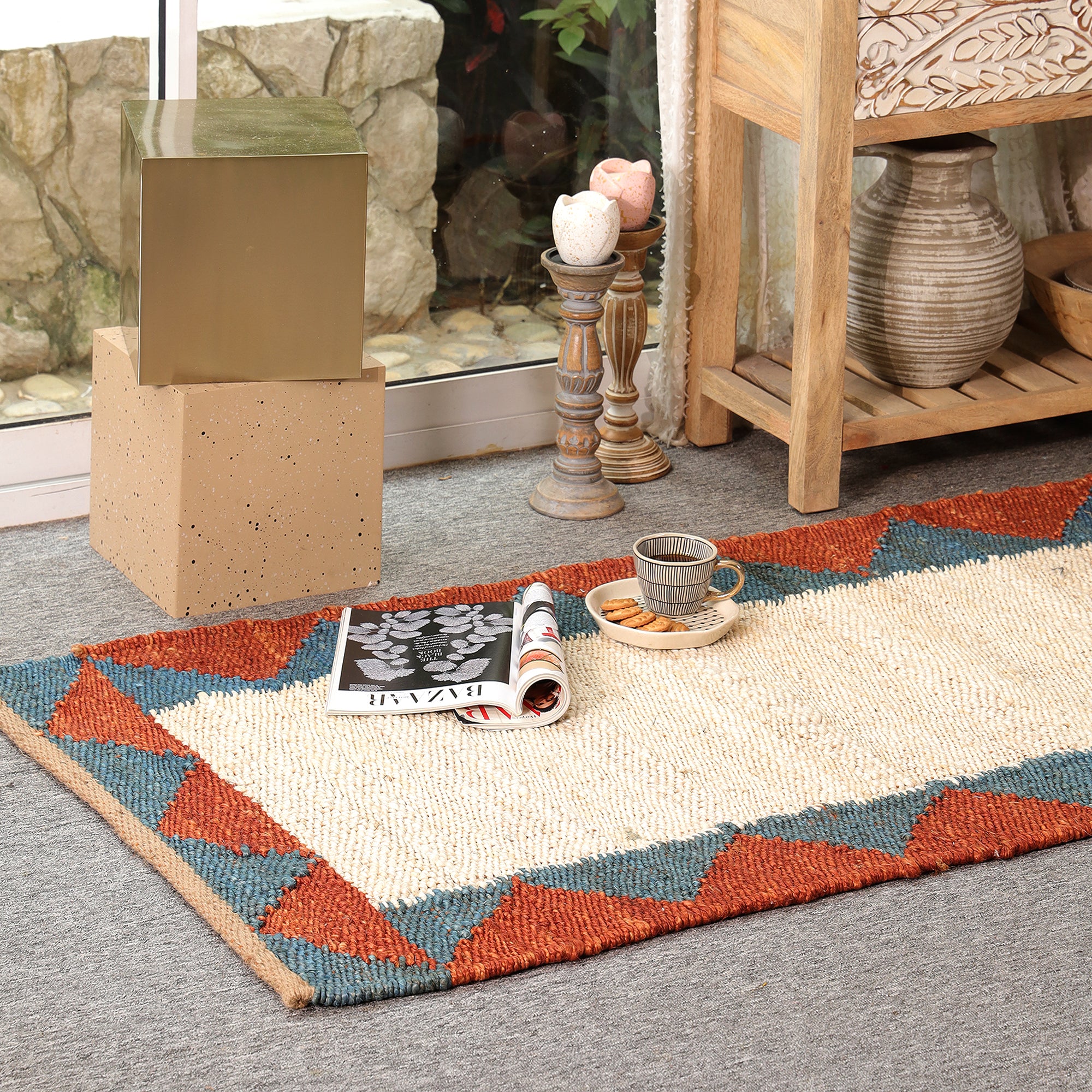 Handwoven Hemp Runner Rug Natural White Border Runner Boho Geometric Hallway & Kitchen Rug