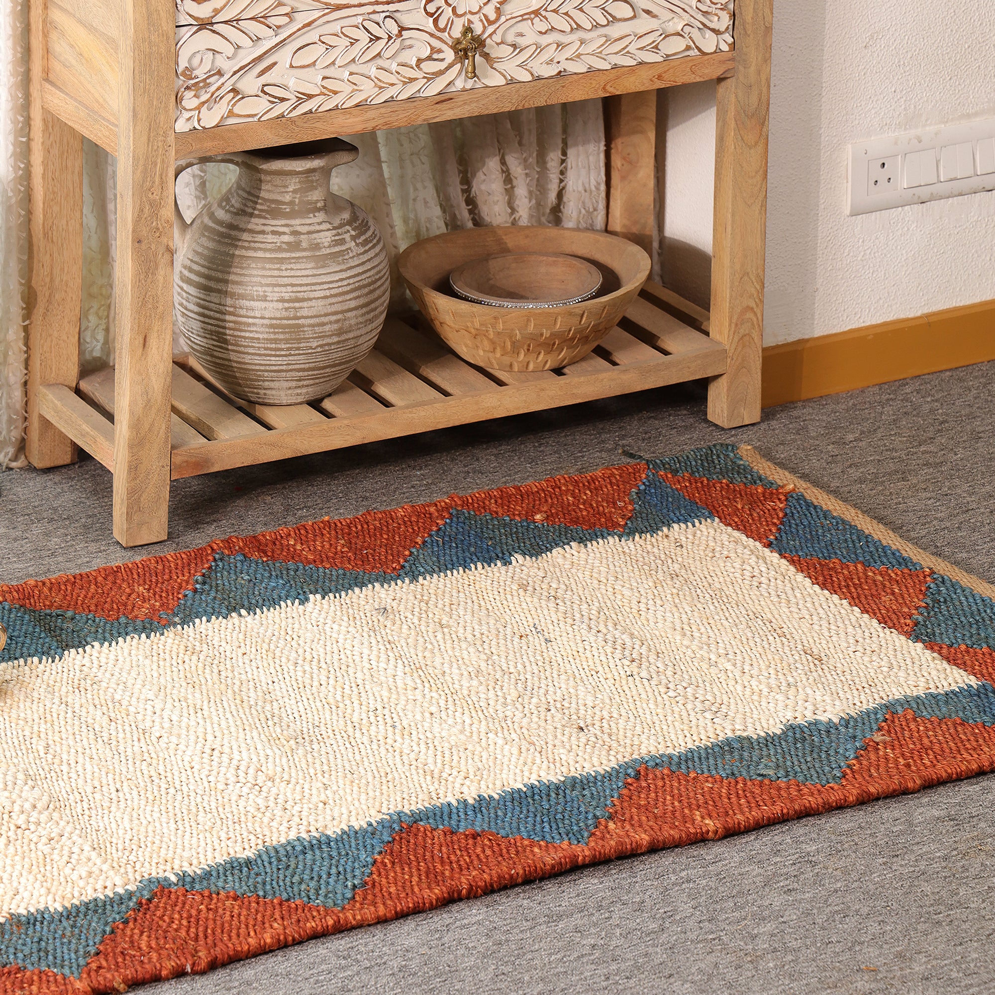 Handwoven Hemp Runner Rug Natural White Border Runner Boho Geometric Hallway & Kitchen Rug