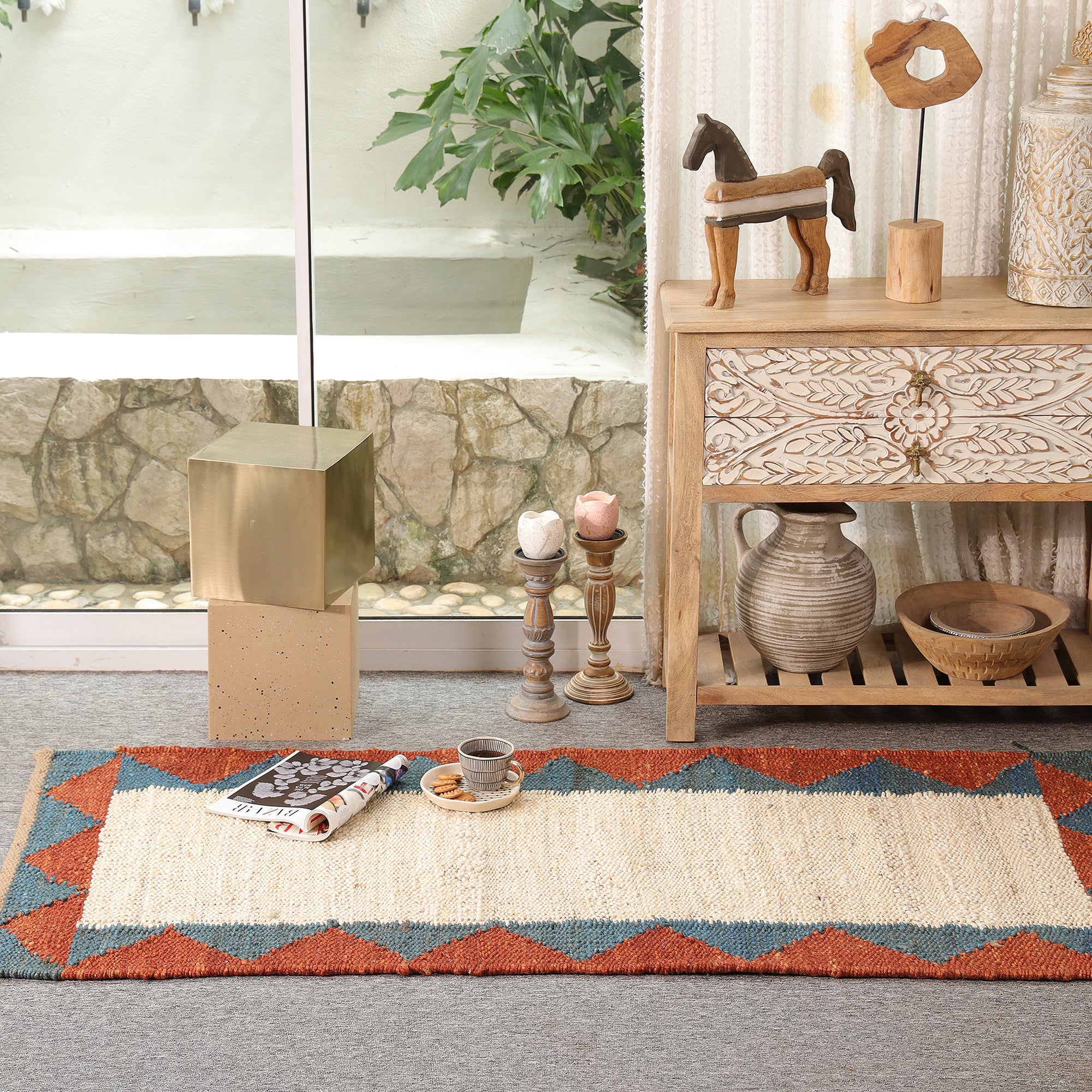 Handwoven Hemp Runner Rug Natural White Border Runner Boho Geometric Hallway & Kitchen Rug