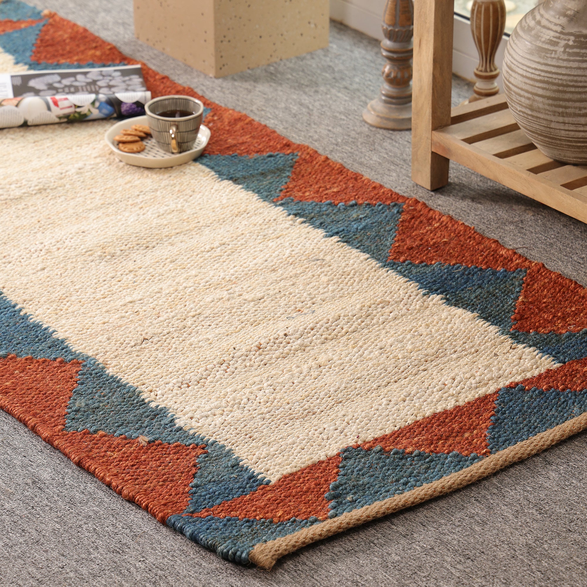 Handwoven Hemp Runner Rug Natural White Border Runner Boho Geometric Hallway & Kitchen Rug