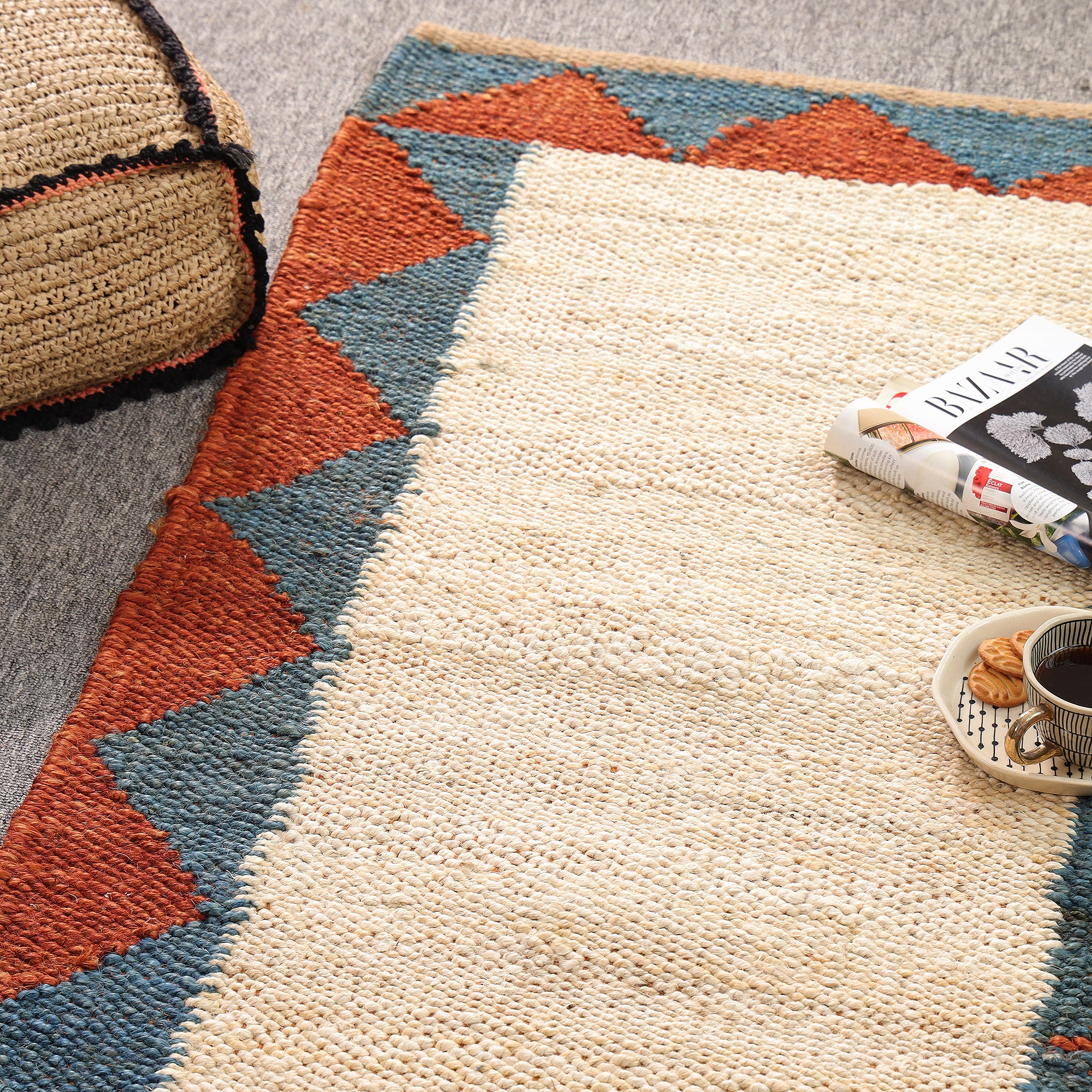 Handwoven Hemp Runner Rug Natural White Border Runner Boho Geometric Hallway & Kitchen Rug
