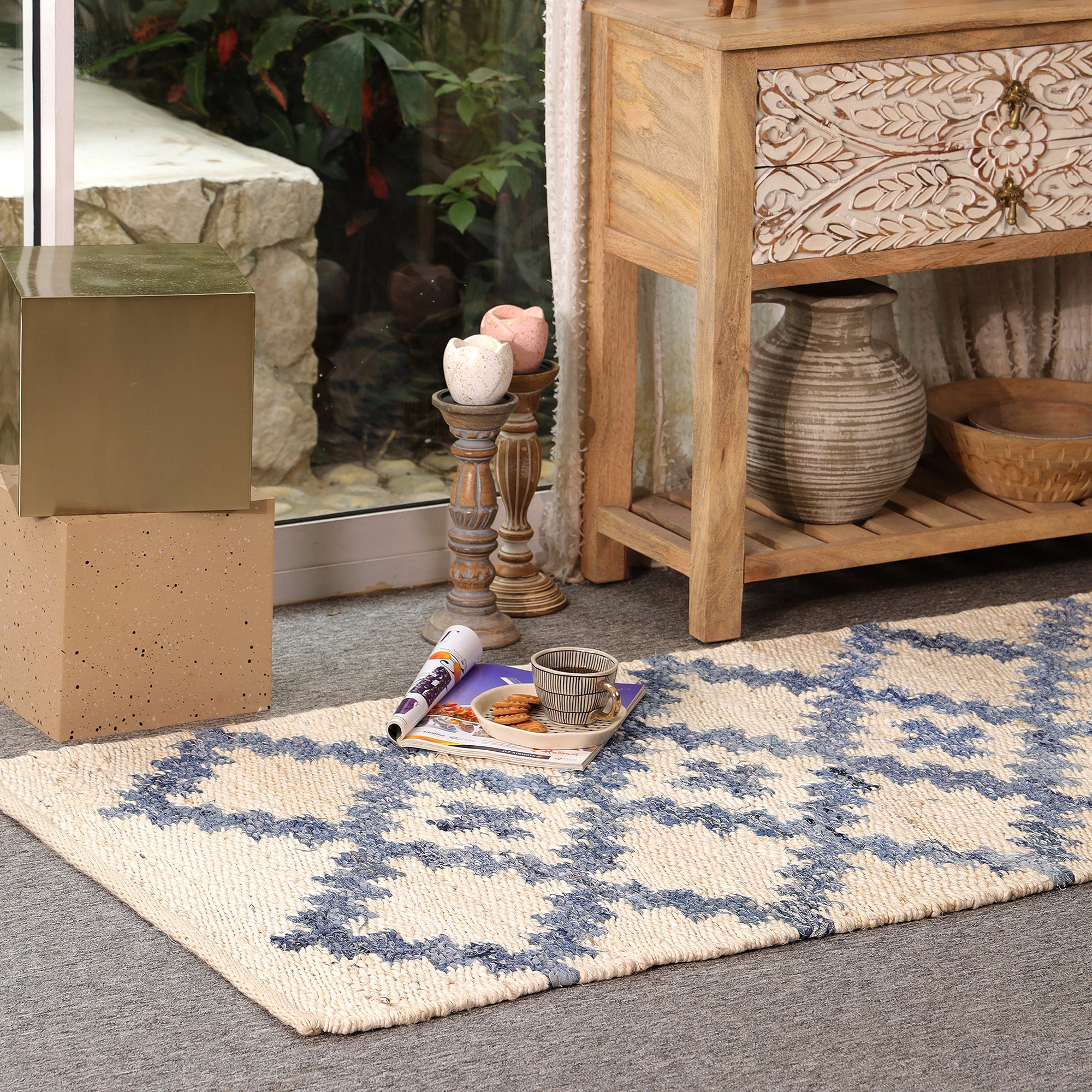 Handmade Blue & Ivory Hemp Area Rug Geometric Flatweave Rug