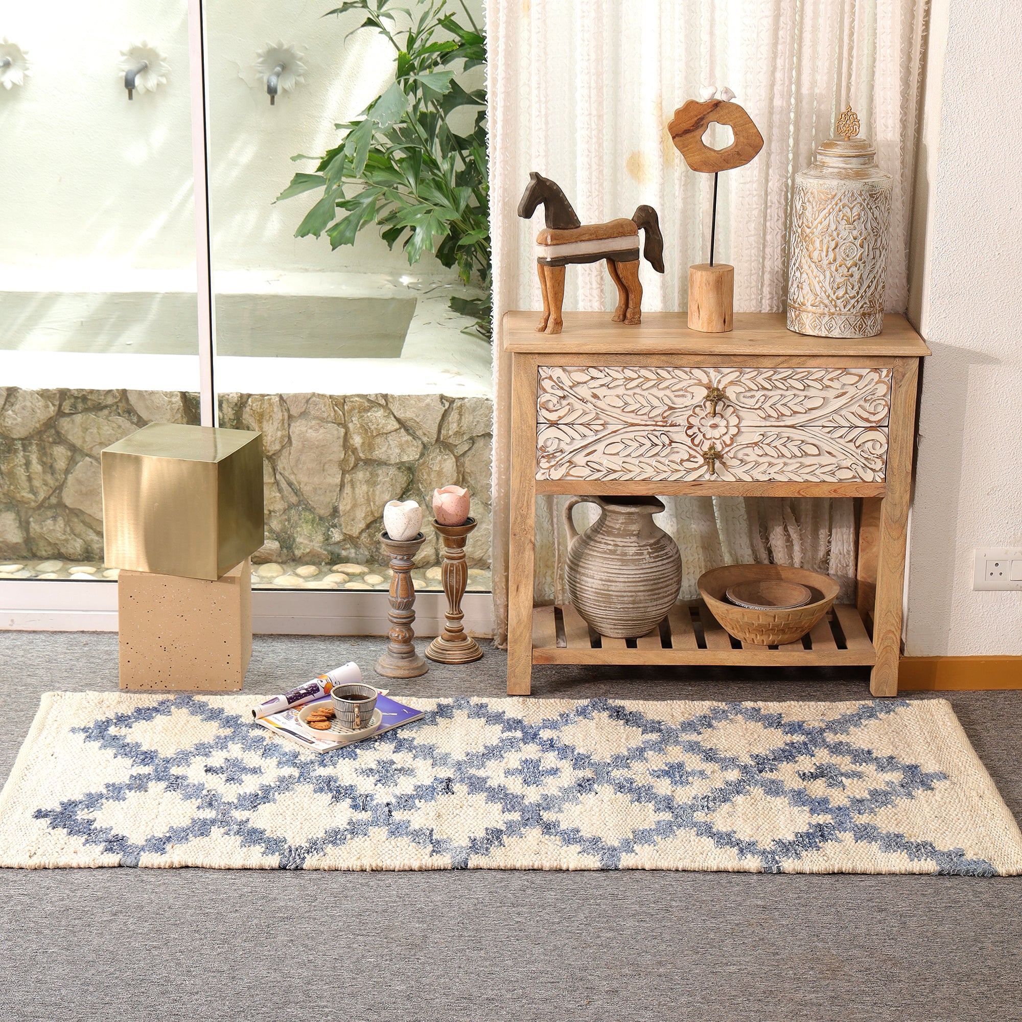 Handmade Blue & Ivory Hemp Area Rug Geometric Flatweave Rug