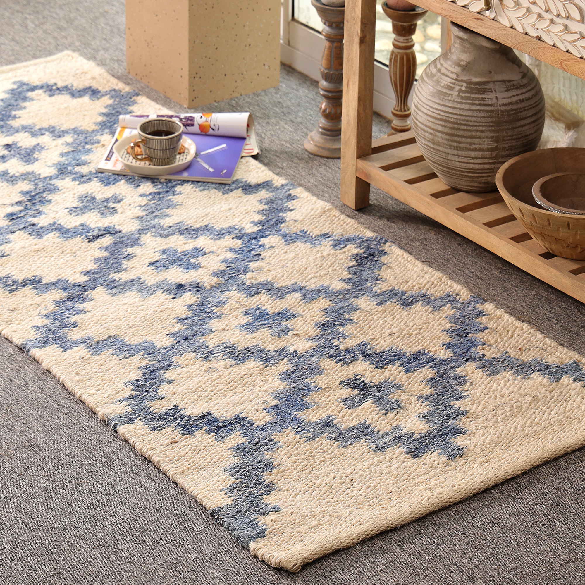 Handmade Blue & Ivory Hemp Area Rug Geometric Flatweave Rug