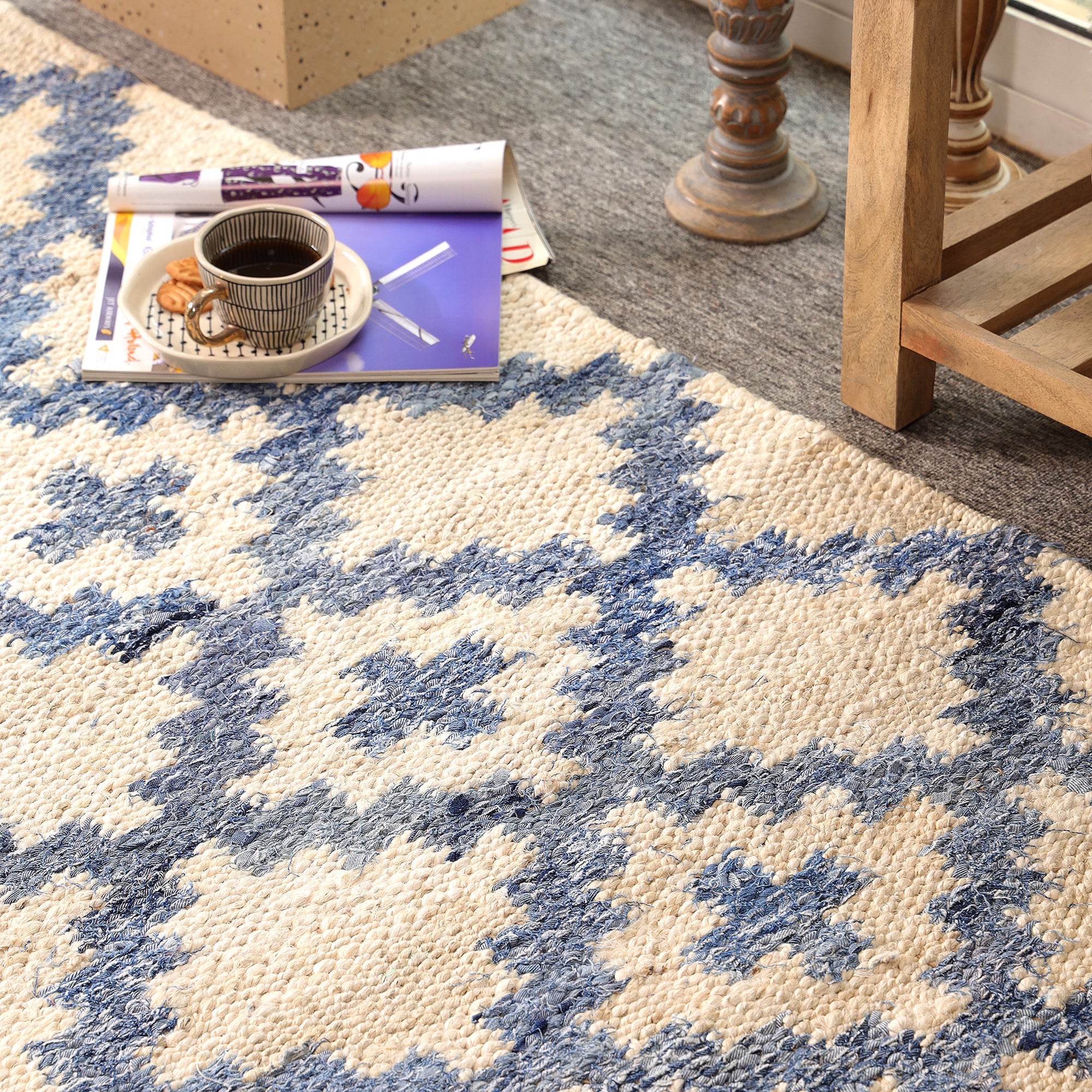 Handmade Blue & Ivory Hemp Area Rug Geometric Flatweave Rug