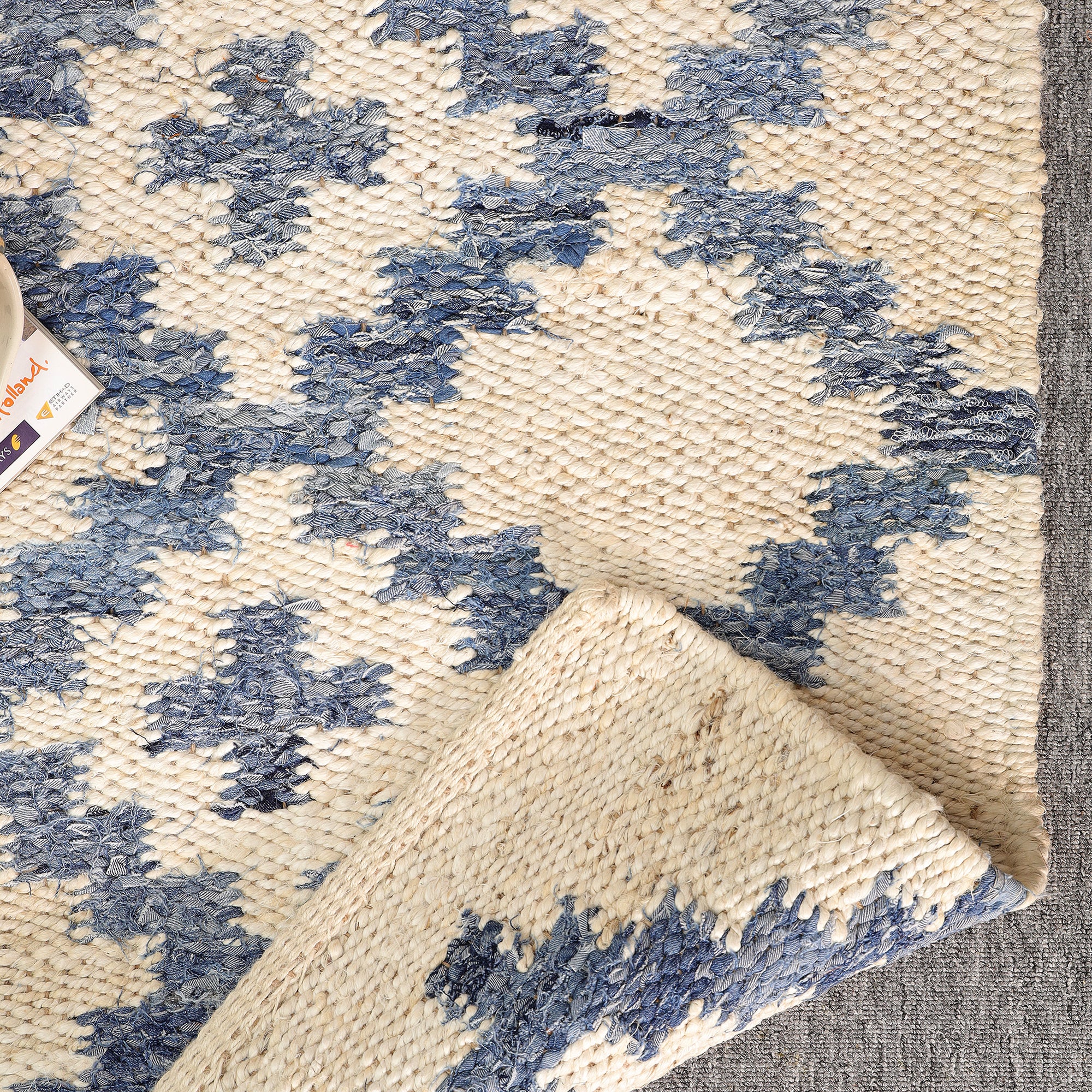Handmade Blue & Ivory Hemp Area Rug Geometric Flatweave Rug