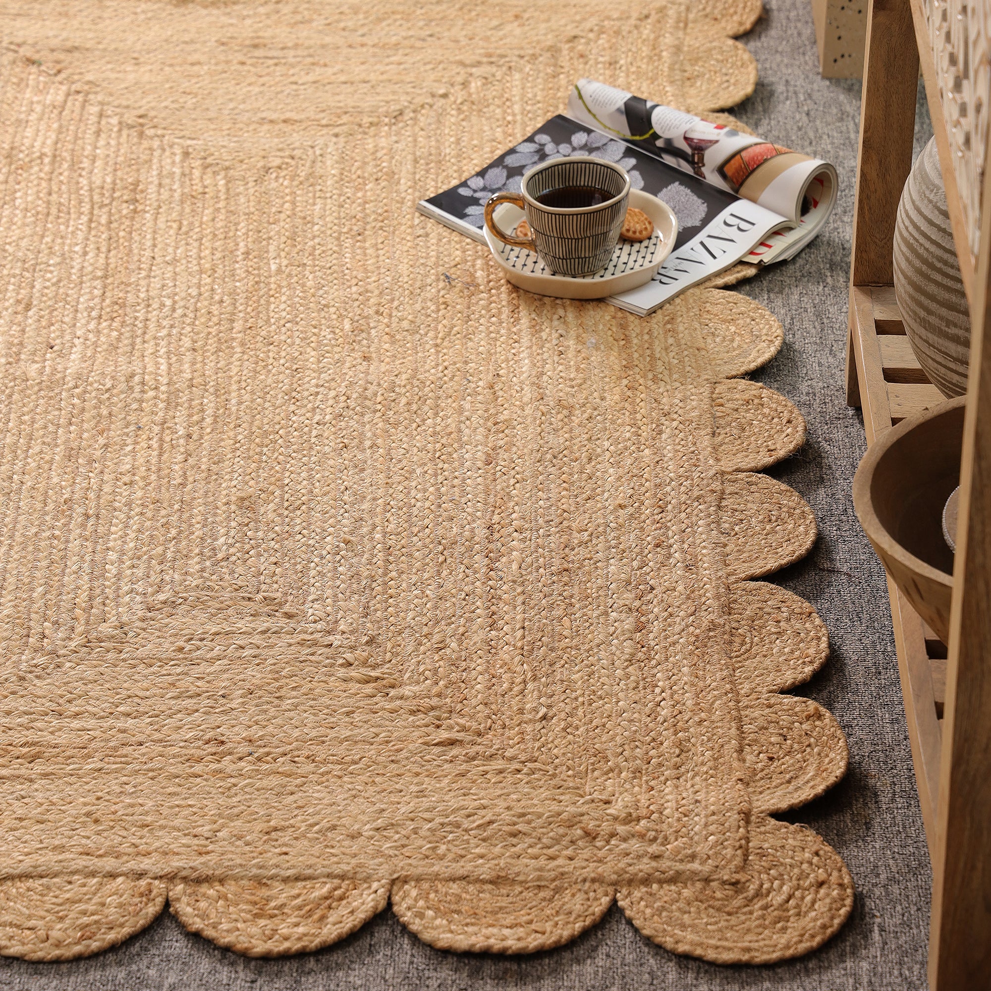 Handwoven Natural Jute Scalloped Rug Braided Boho Area Rug