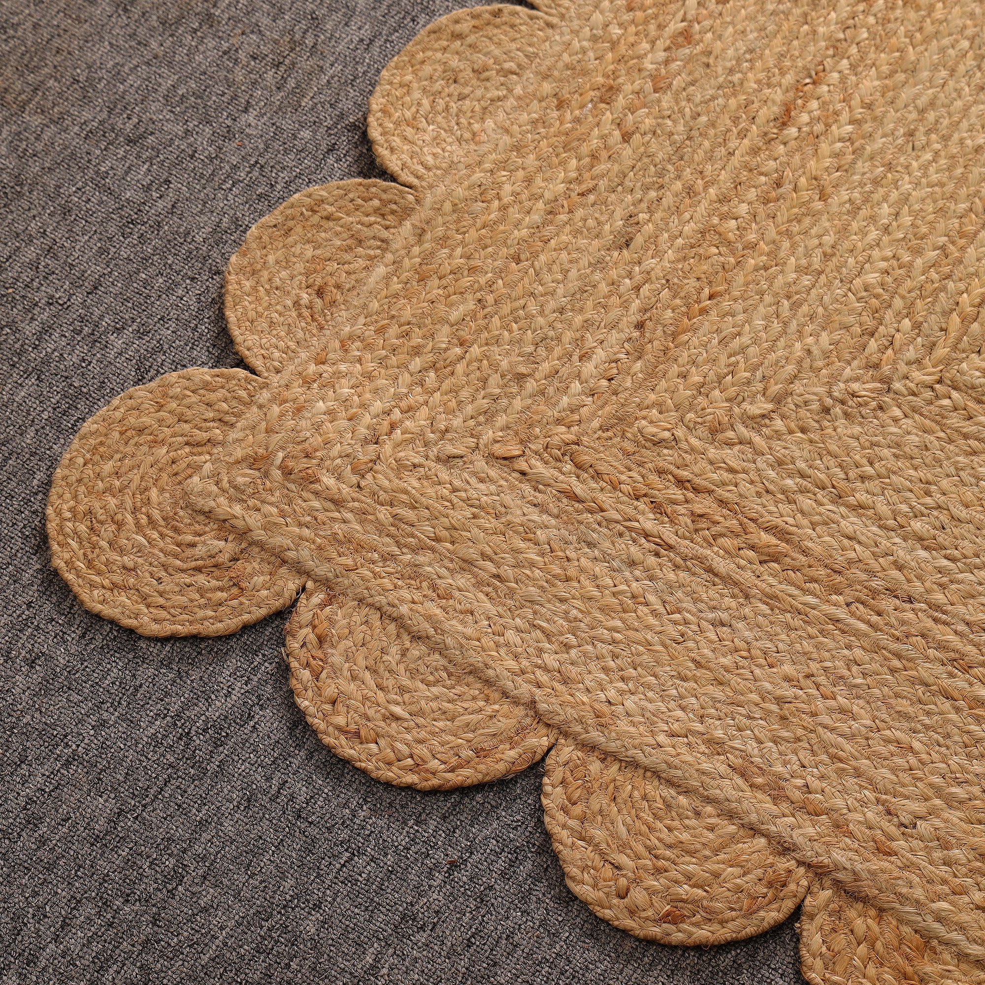 Handwoven Natural Jute Scalloped Rug Braided Boho Area Rug