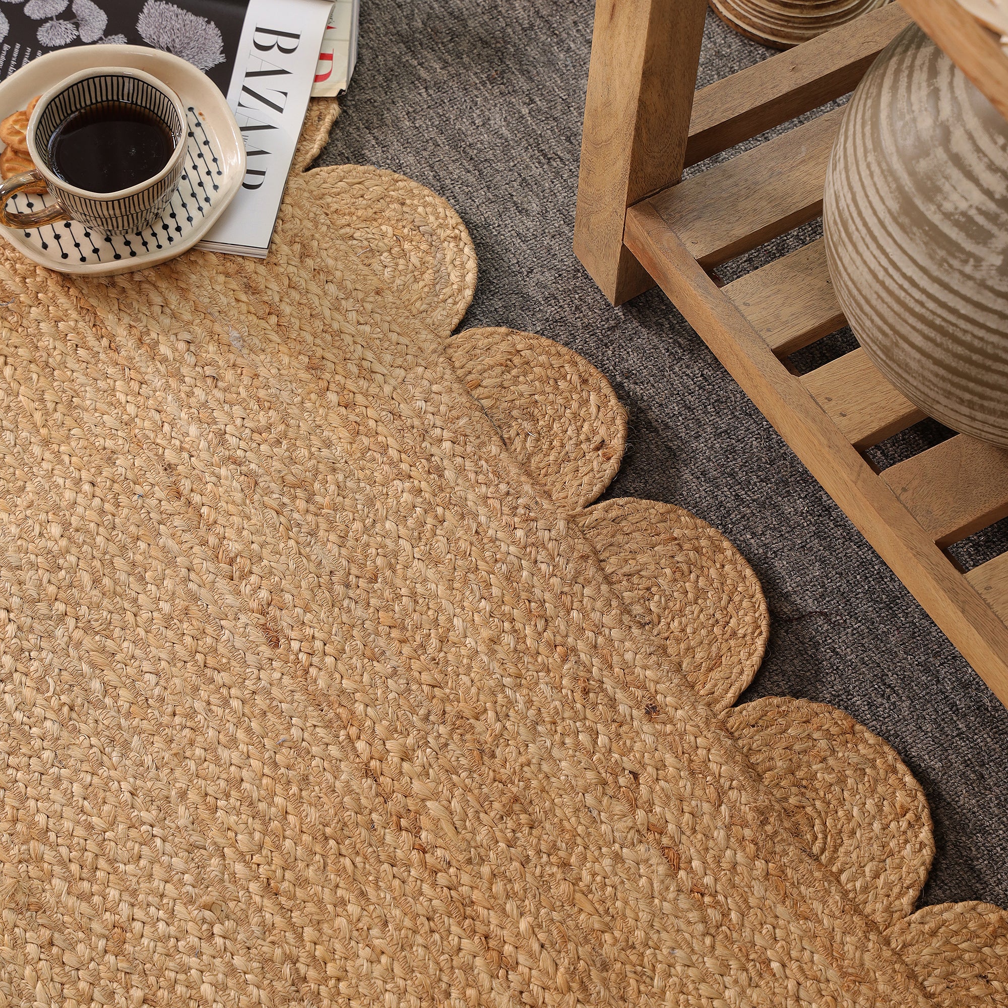 Handwoven Natural Jute Scalloped Rug Braided Boho Area Rug