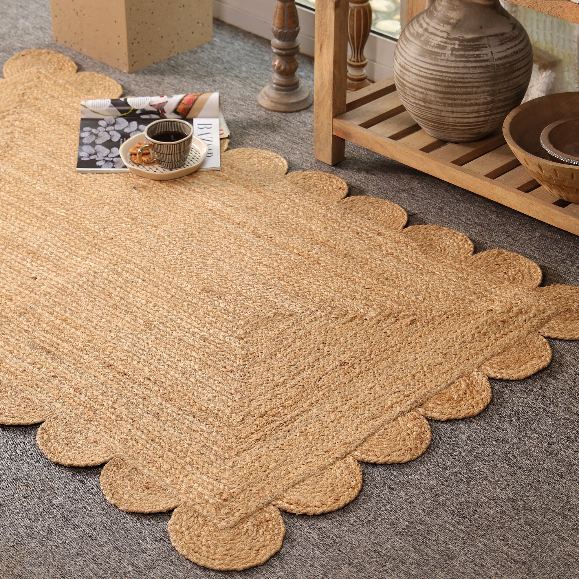 Handwoven Natural Jute Scalloped Rug Braided Boho Area Rug