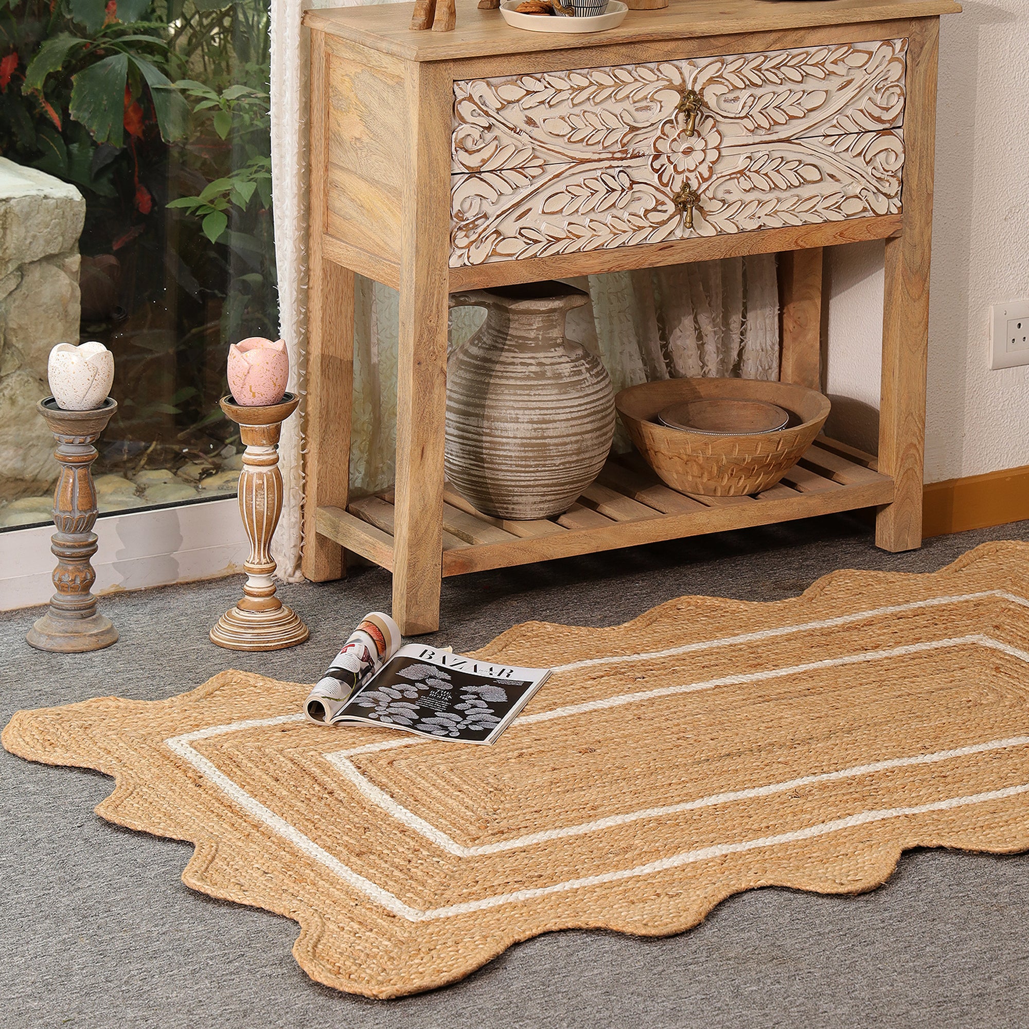 Natural Handwoven Sacalloped Jute Rug Eco-Friendly Braided Area Rug For Living