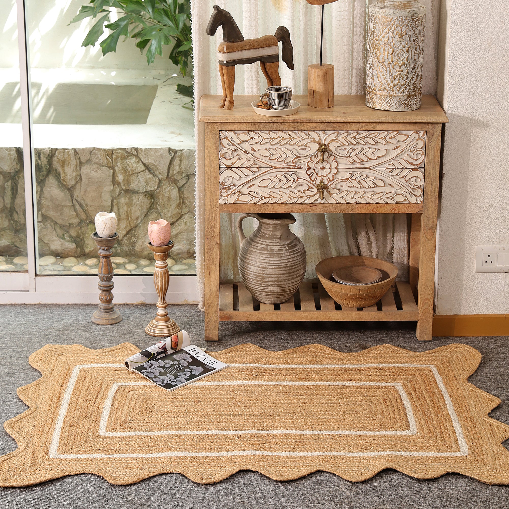 Natural Handwoven Sacalloped Jute Rug Eco-Friendly Braided Area Rug For Living