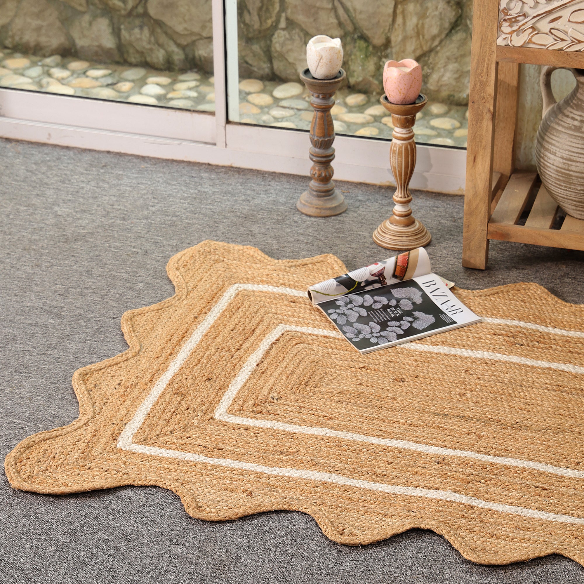 Natural Handwoven Sacalloped Jute Rug Eco-Friendly Braided Area Rug For Living