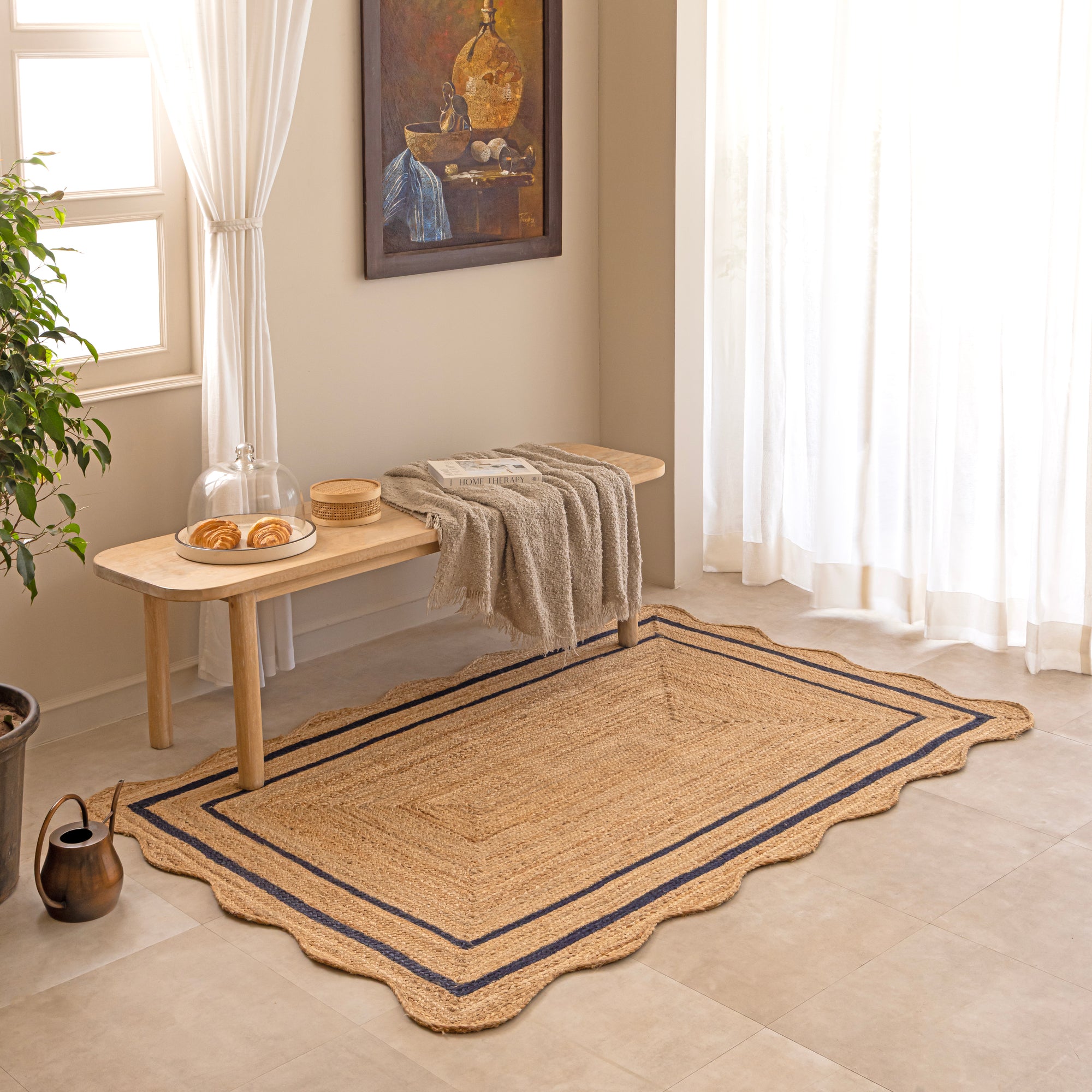 Handwoven Natural Jute Area Rug with Navy Blue Double Striped Border