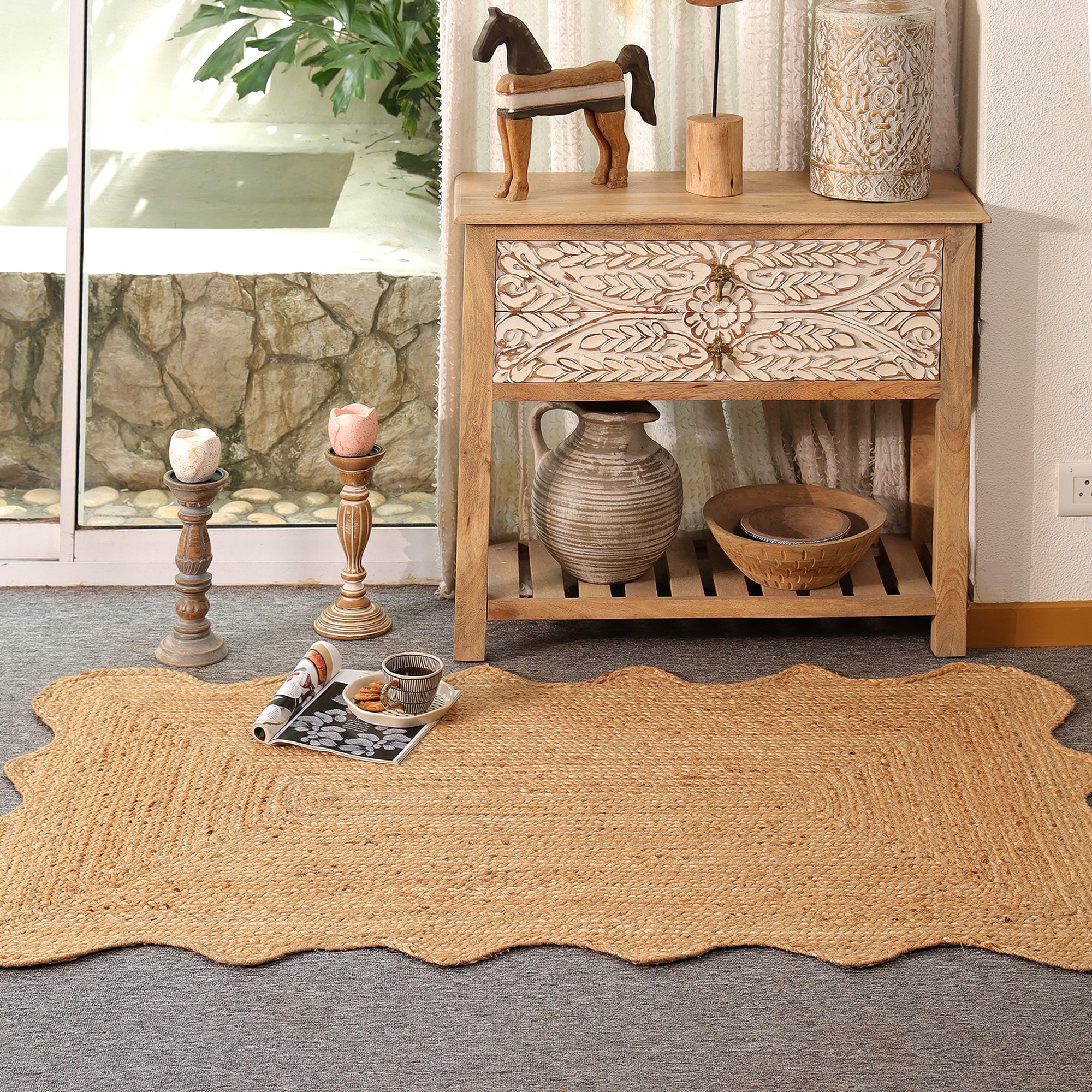 Natural Handwoven Scalloped Jute Rug Handmade Eco-Friendly Braided Area Rug
