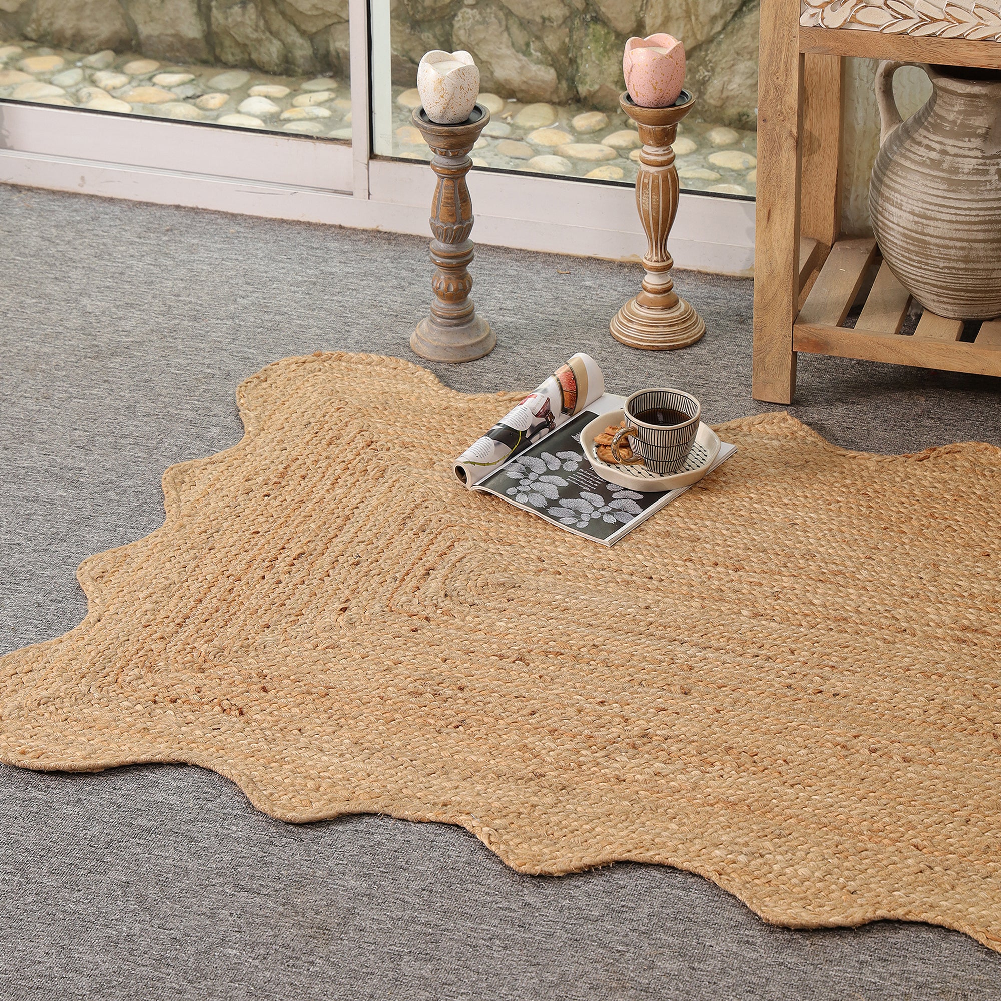 Natural Handwoven Scalloped Jute Rug Handmade Eco-Friendly Braided Area Rug