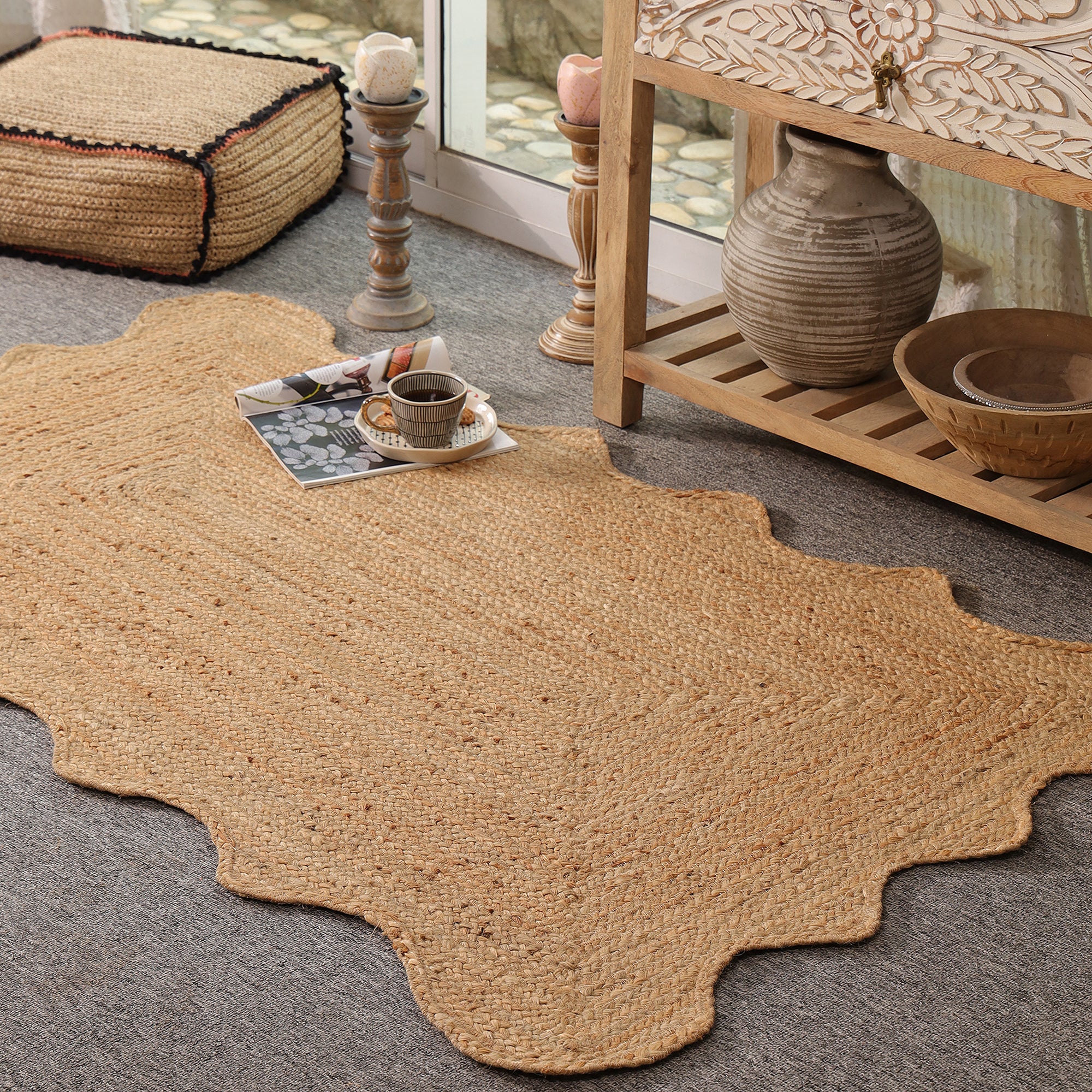 Natural Handwoven Scalloped Jute Rug Handmade Eco-Friendly Braided Area Rug