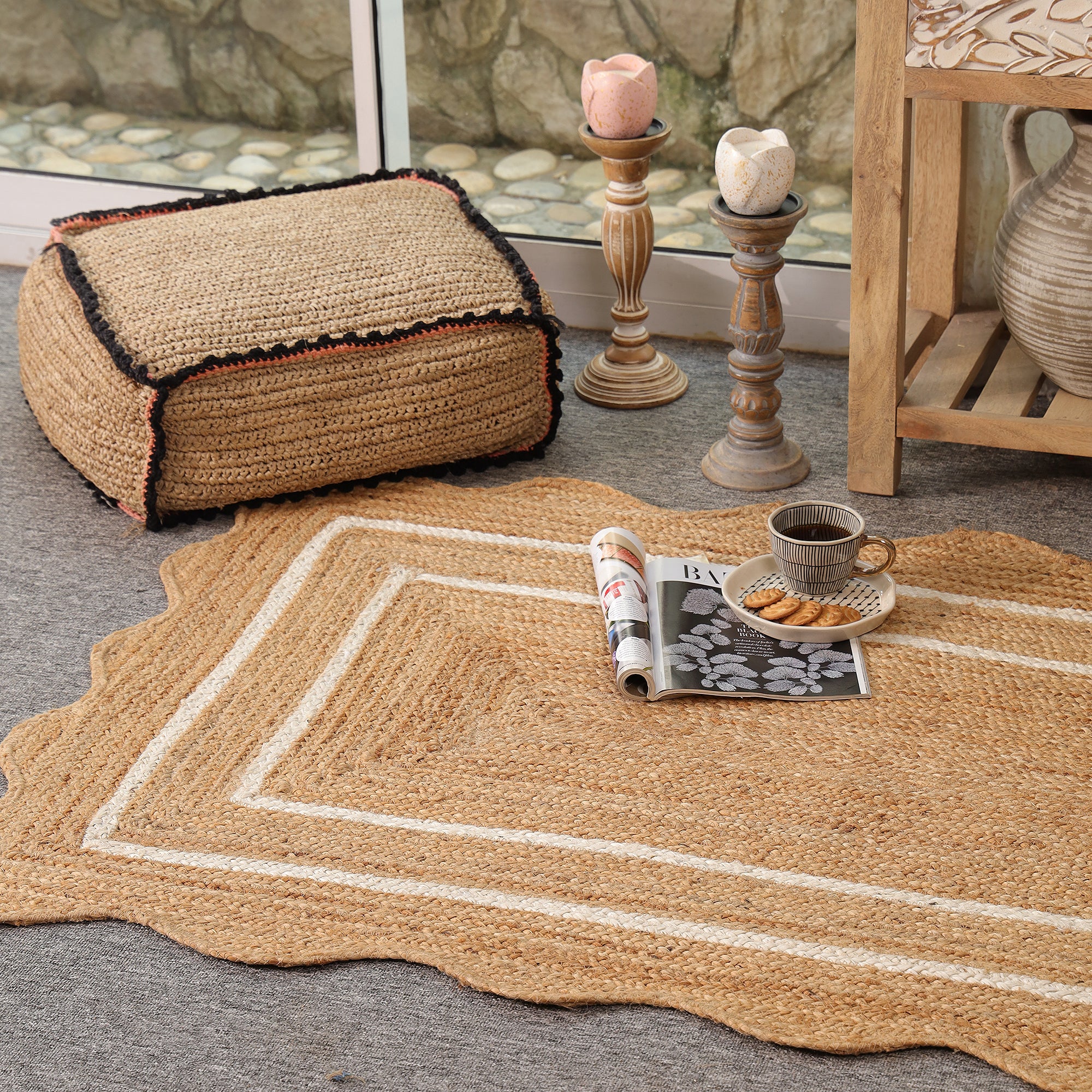 Handwoven Scalloped Jute Rug with White Border | Natural Braided Area Rug | Eco-Friendly Handmade Rug