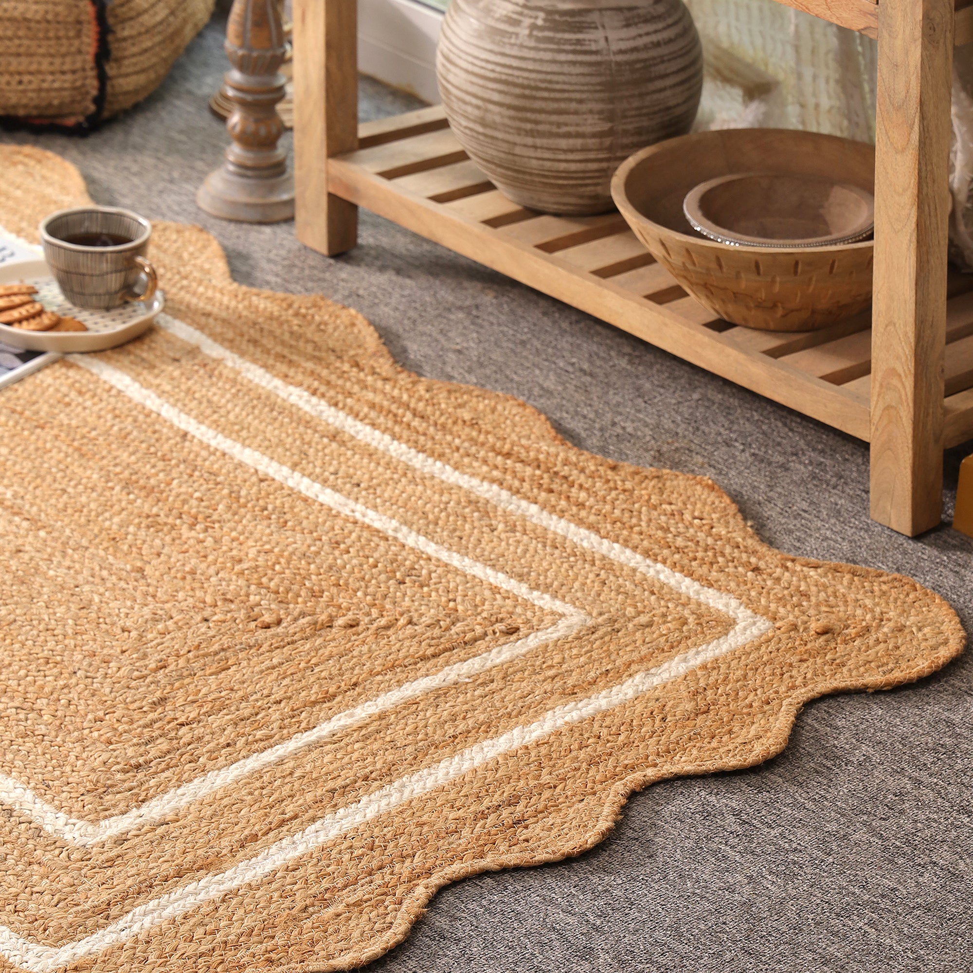 Handwoven Scalloped Jute Rug with White Border | Natural Braided Area Rug | Eco-Friendly Handmade Rug