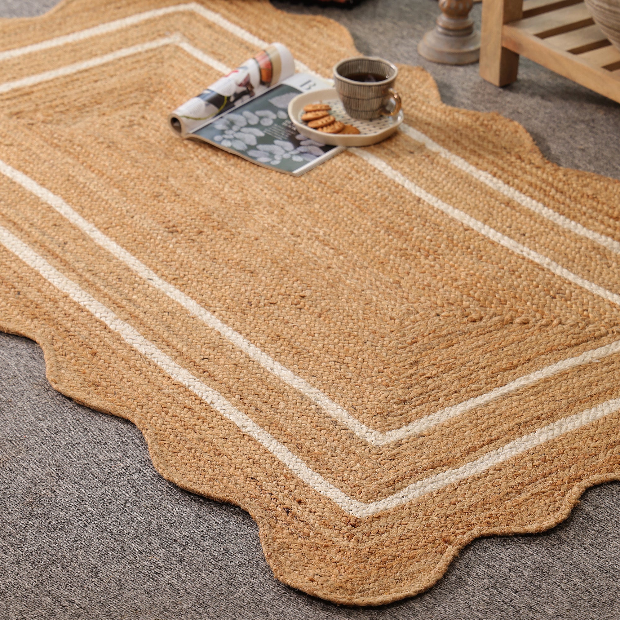 Handwoven Scalloped Jute Rug with White Border | Natural Braided Area Rug | Eco-Friendly Handmade Rug