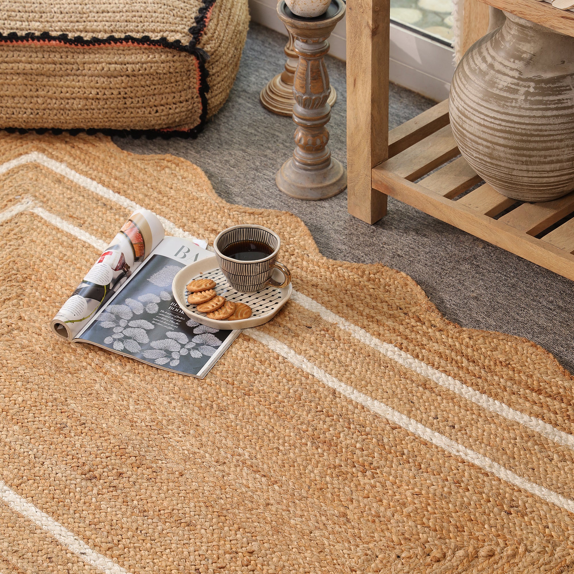 Handwoven Scalloped Jute Rug with White Border | Natural Braided Area Rug | Eco-Friendly Handmade Rug