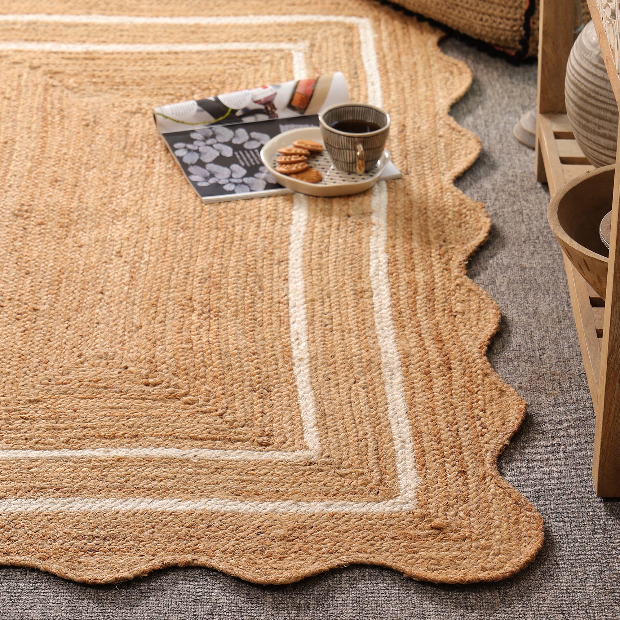 Handwoven Scalloped Jute Rug with White Border | Natural Braided Area Rug | Eco-Friendly Handmade Rug