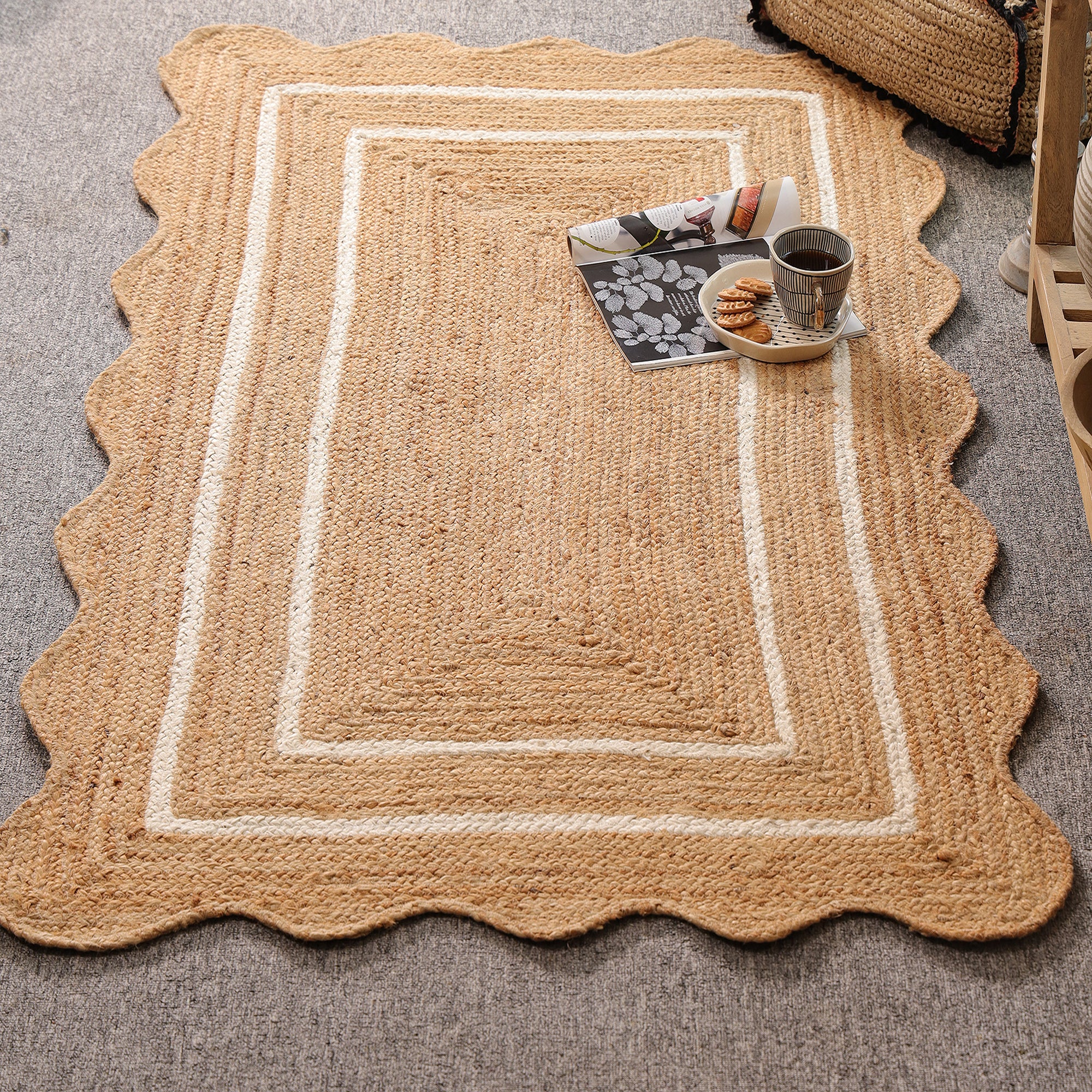 Handwoven Scalloped Jute Rug with White Border | Natural Braided Area Rug | Eco-Friendly Handmade Rug