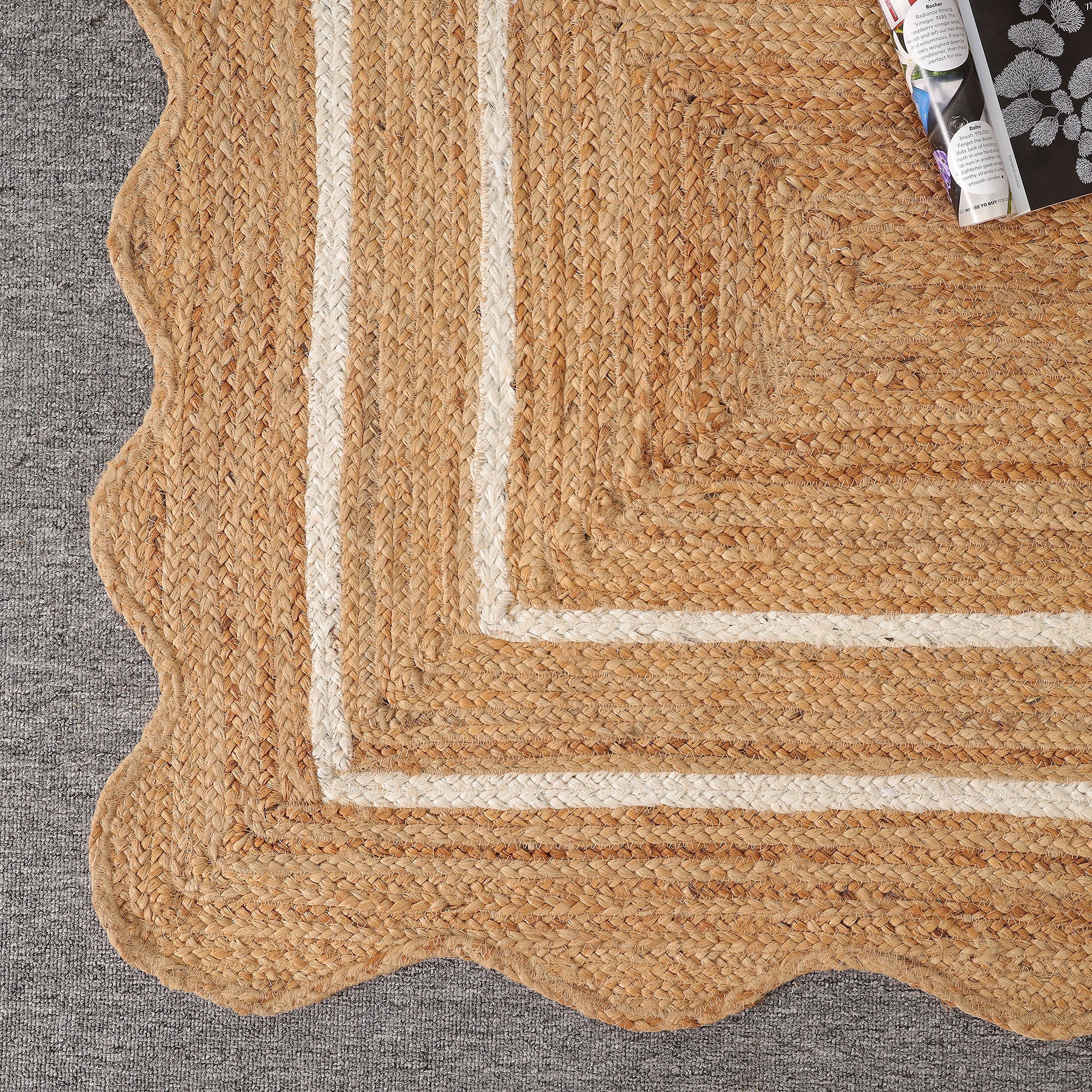 Handwoven Scalloped Jute Rug with White Border | Natural Braided Area Rug | Eco-Friendly Handmade Rug
