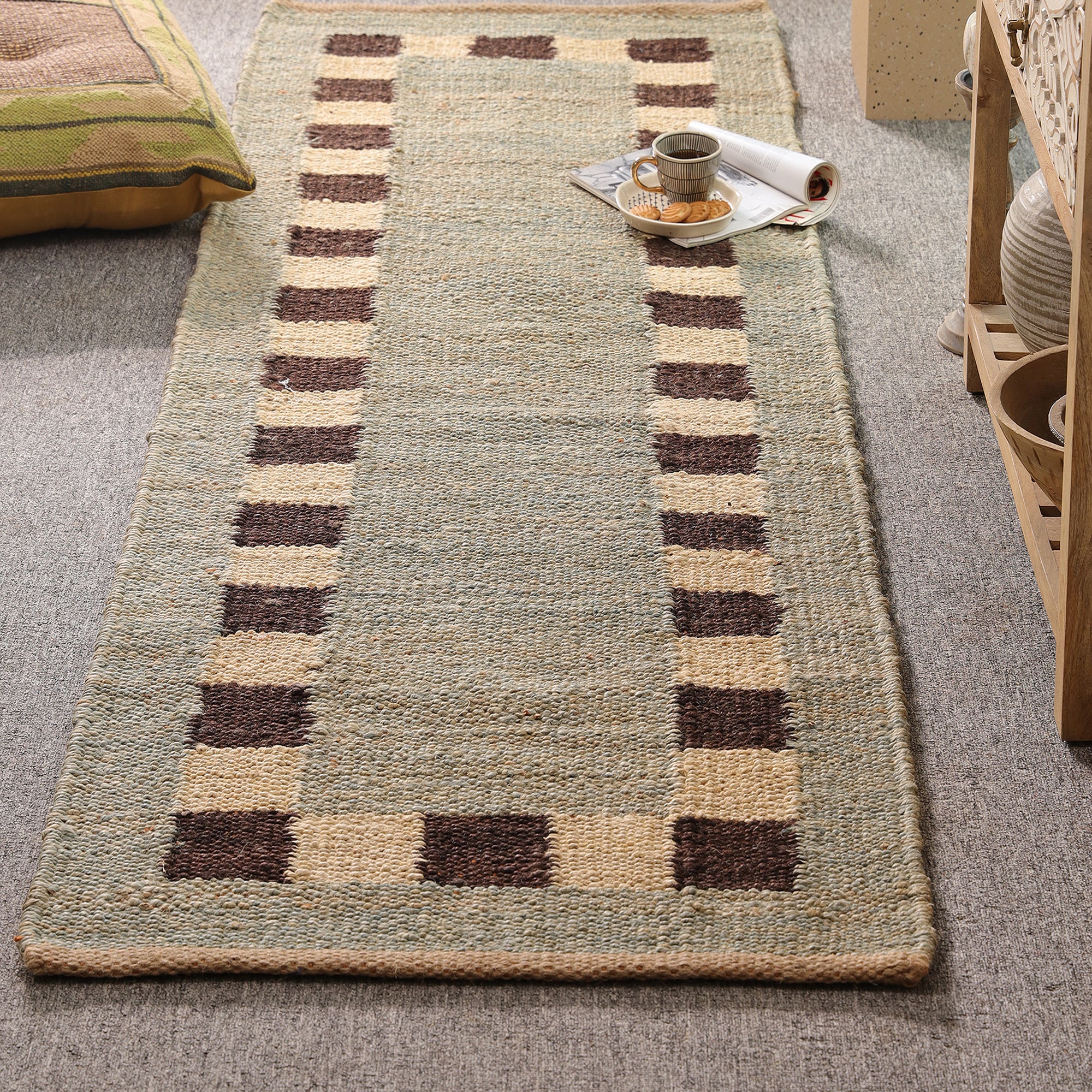 Handmade Natural Jute Runner Rug Modern Checkered Border Hallway Rug