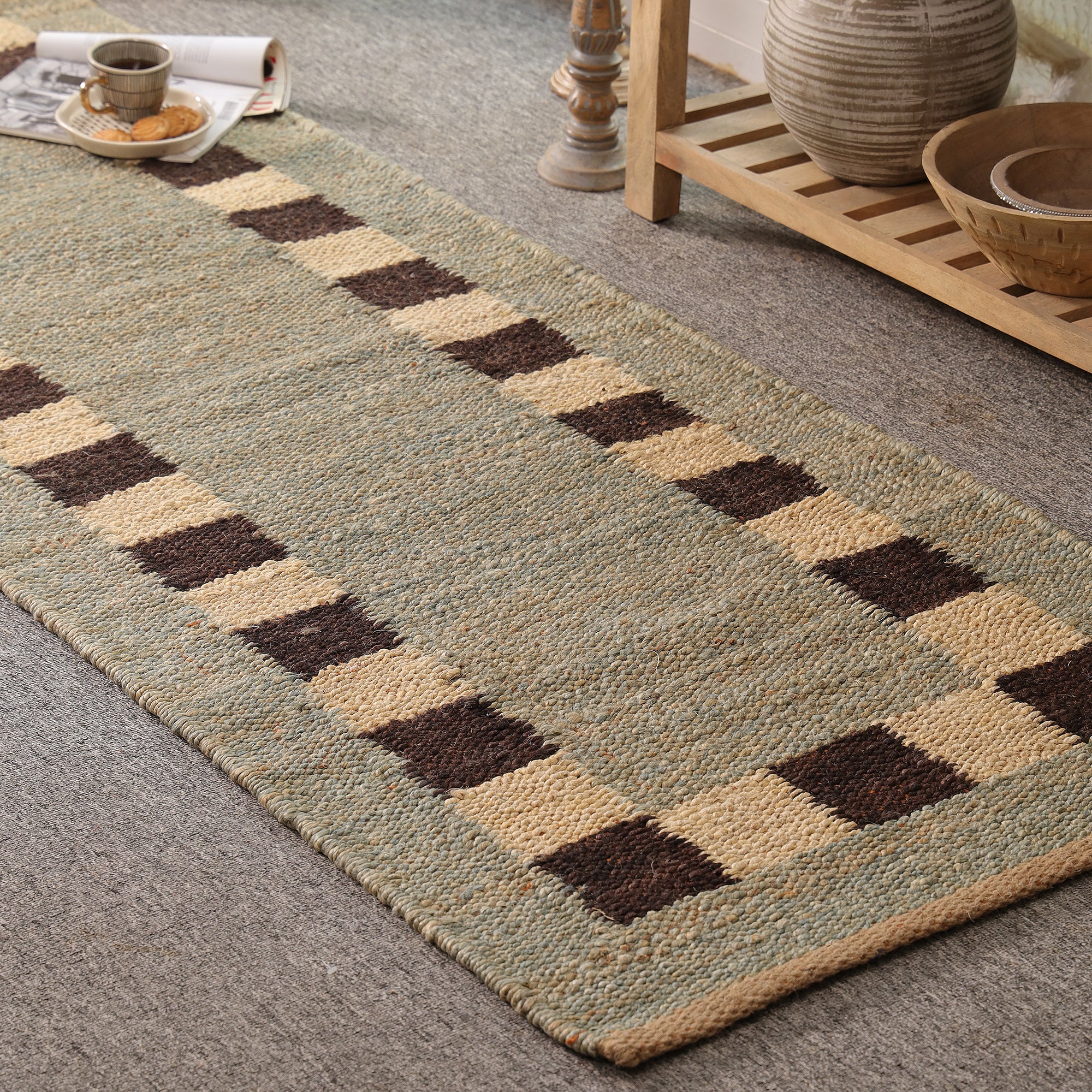 Handmade Natural Jute Runner Rug Modern Checkered Border Hallway Rug