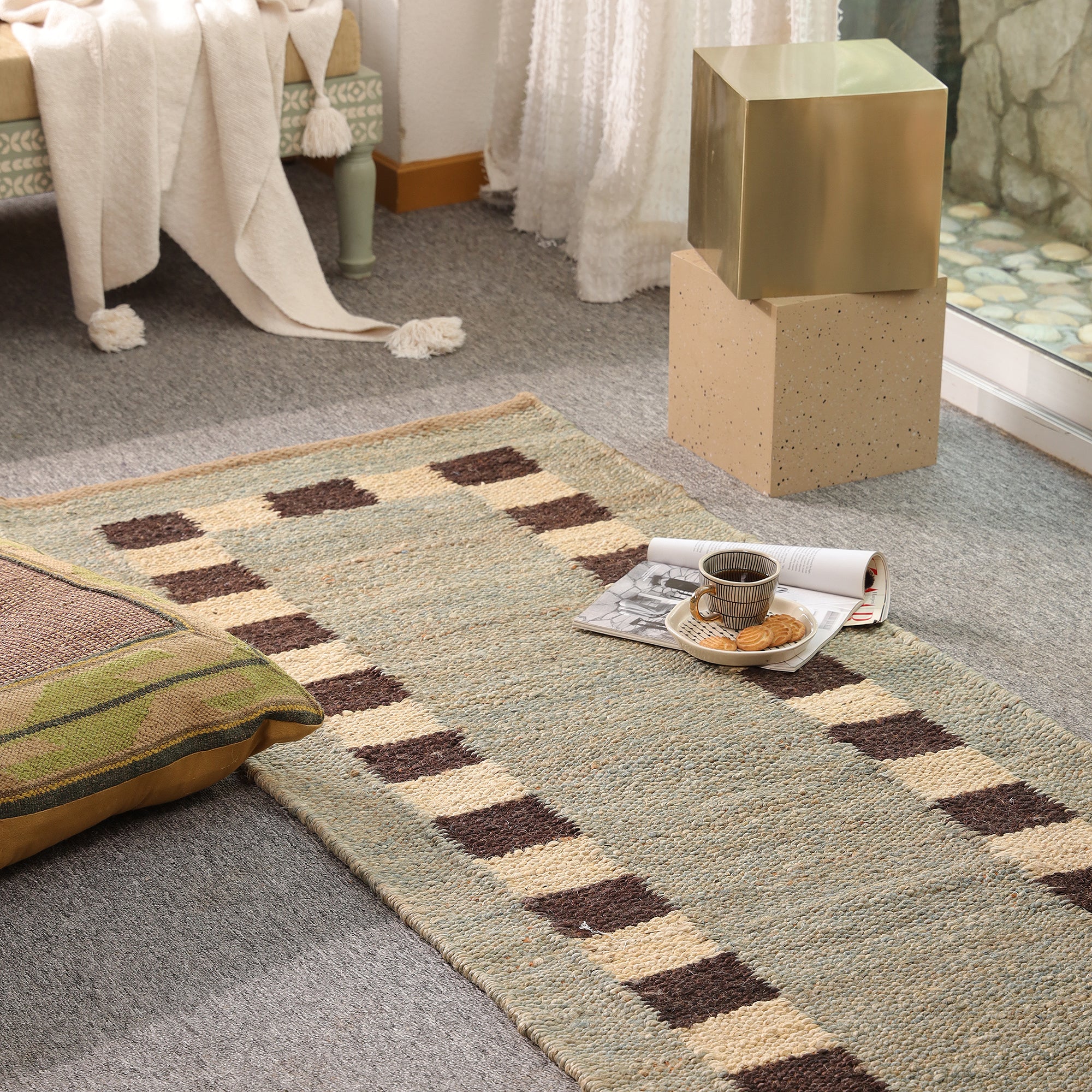 Handmade Natural Jute Runner Rug Modern Checkered Border Hallway Rug