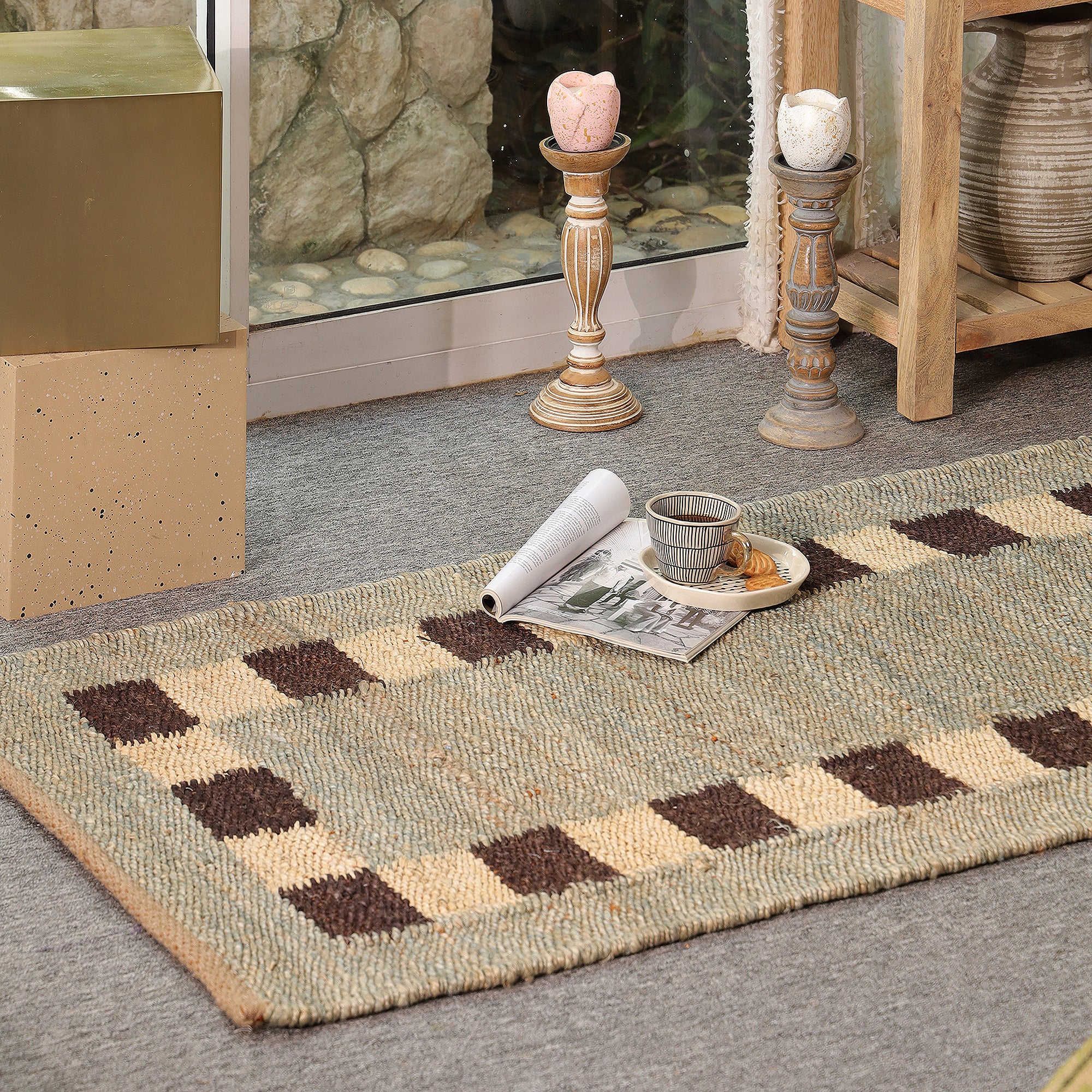 Handmade Natural Jute Runner Rug Modern Checkered Border Hallway Rug