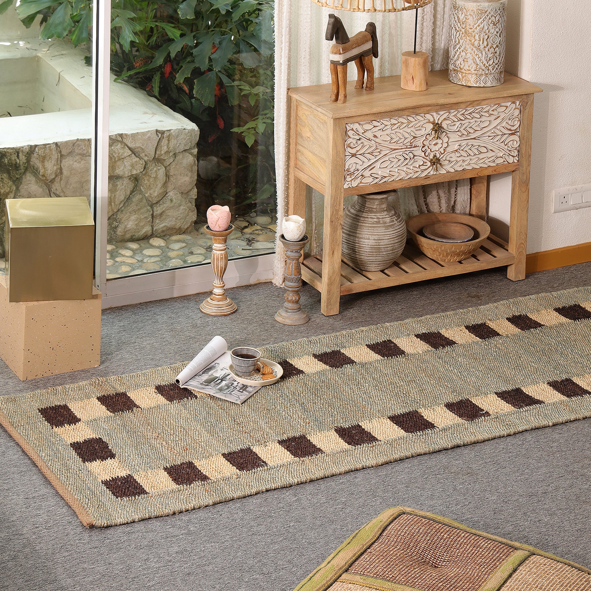 Handmade Natural Jute Runner Rug Modern Checkered Border Hallway Rug