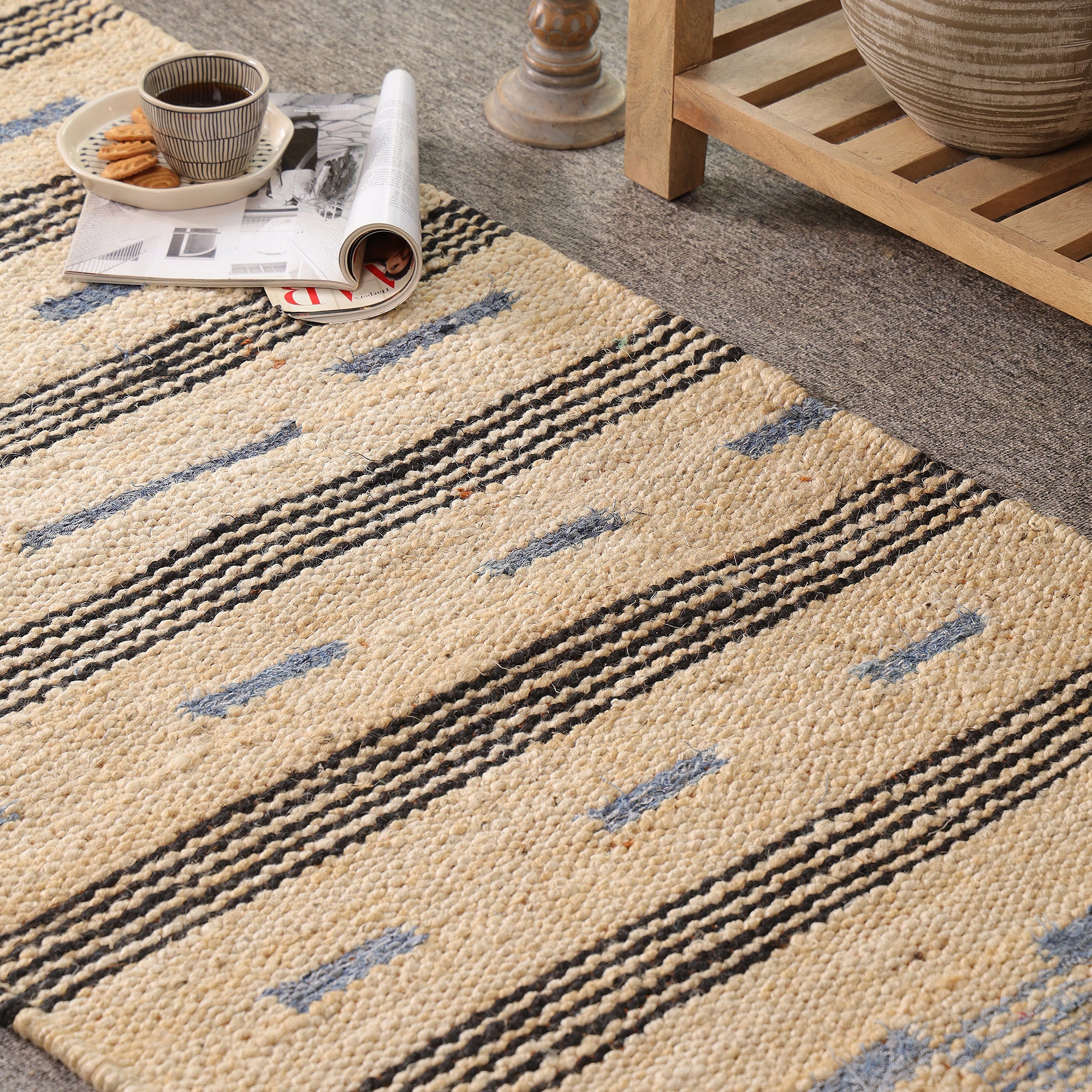 Handwoven Natural Jute Rug โ Ivory & Blue Striped Area Rug | Eco-Friendly Boho Farmhouse Carpet | RugzCraft