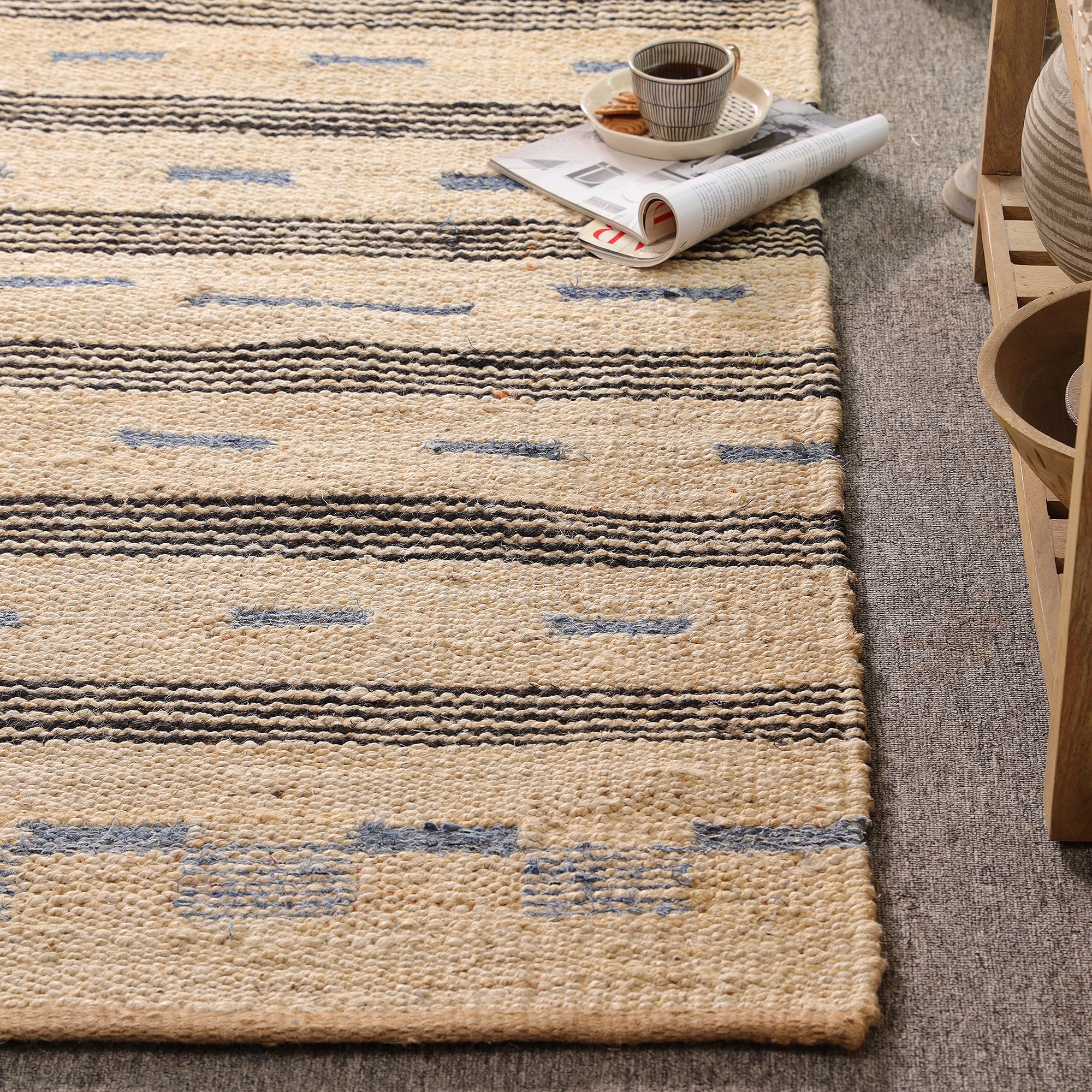 Handwoven Natural Jute Rug โ Ivory & Blue Striped Area Rug | Eco-Friendly Boho Farmhouse Carpet | RugzCraft