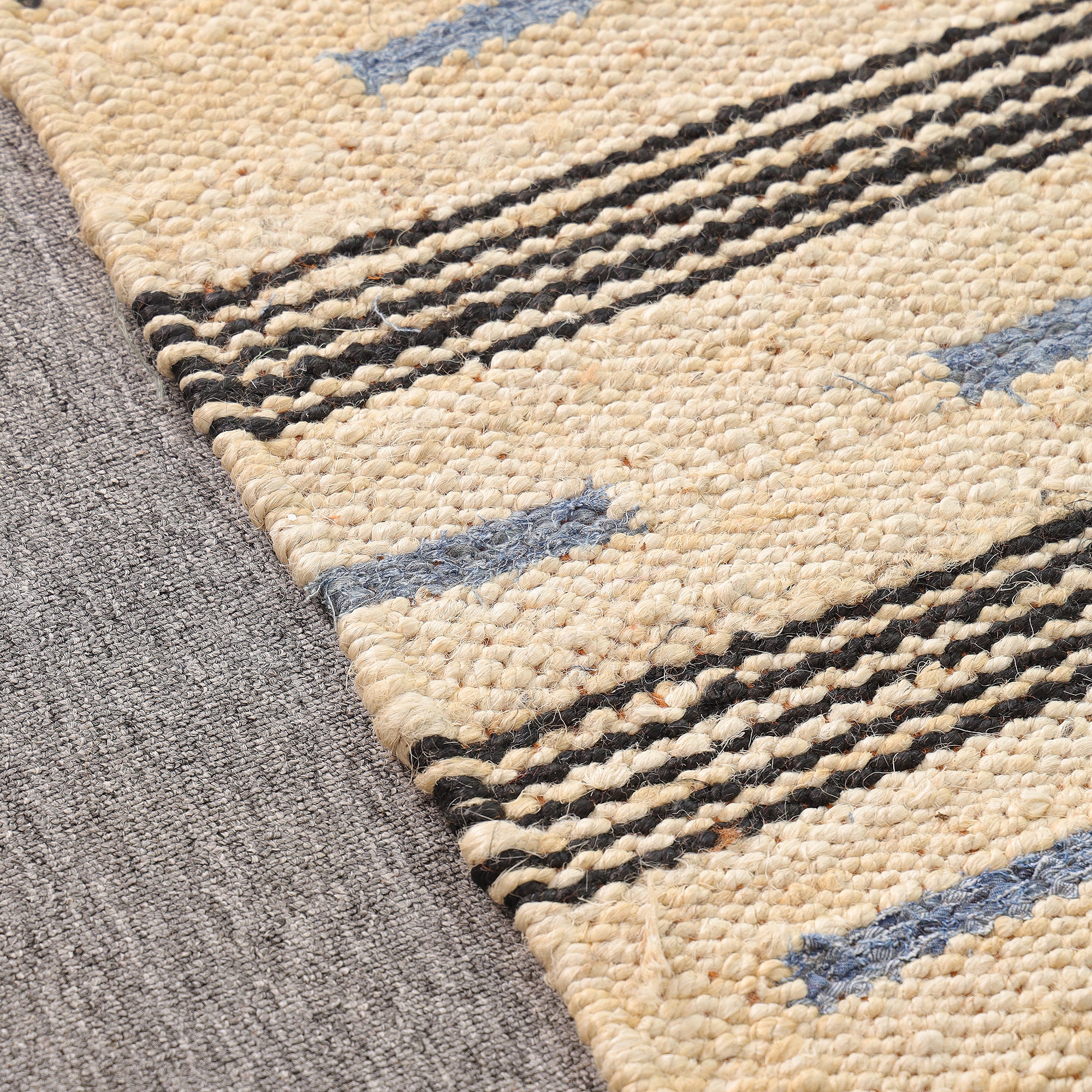 Handwoven Natural Jute Rug โ Ivory & Blue Striped Area Rug | Eco-Friendly Boho Farmhouse Carpet | RugzCraft