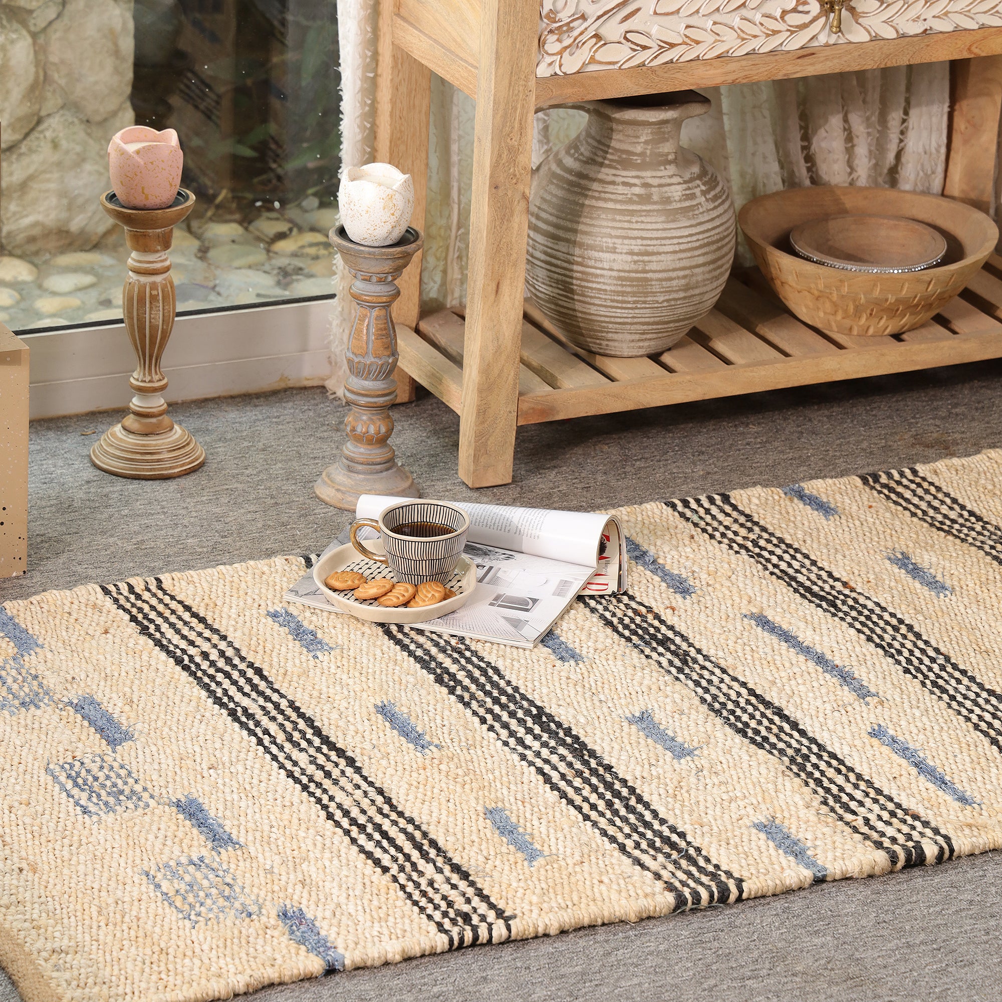Handwoven Natural Jute Rug โ Ivory & Blue Striped Area Rug | Eco-Friendly Boho Farmhouse Carpet | RugzCraft