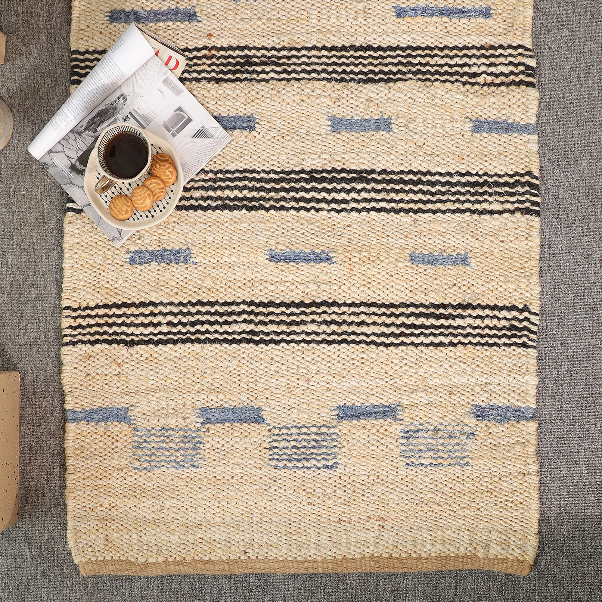 Handwoven Natural Jute Rug โ Ivory & Blue Striped Area Rug | Eco-Friendly Boho Farmhouse Carpet | RugzCraft