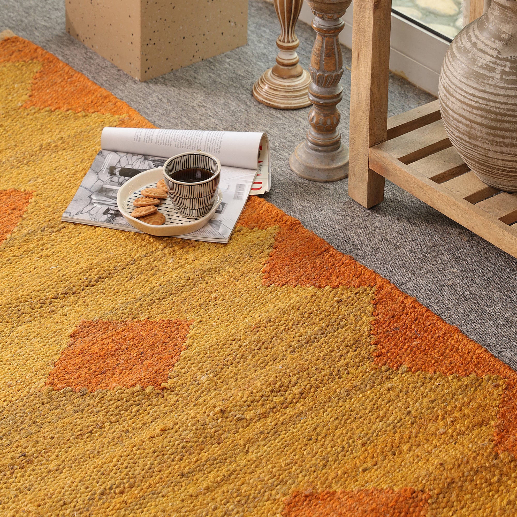 Handwoven Jute Area Rug โ Mustard & Orange Geometric Pattern | Eco-Friendly Boho Living Room Carpet | RugzCraft