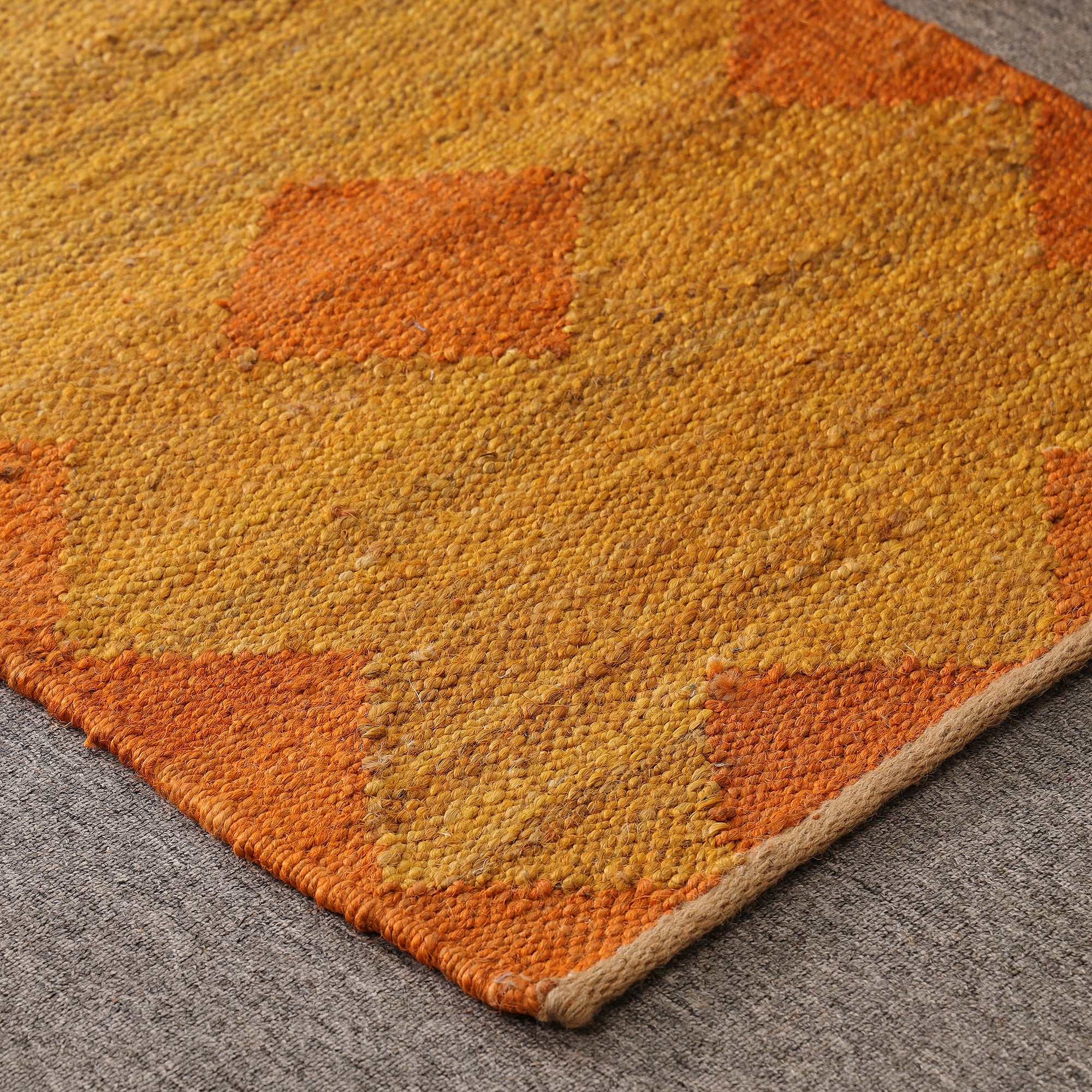 Handwoven Jute Area Rug โ Mustard & Orange Geometric Pattern | Eco-Friendly Boho Living Room Carpet | RugzCraft