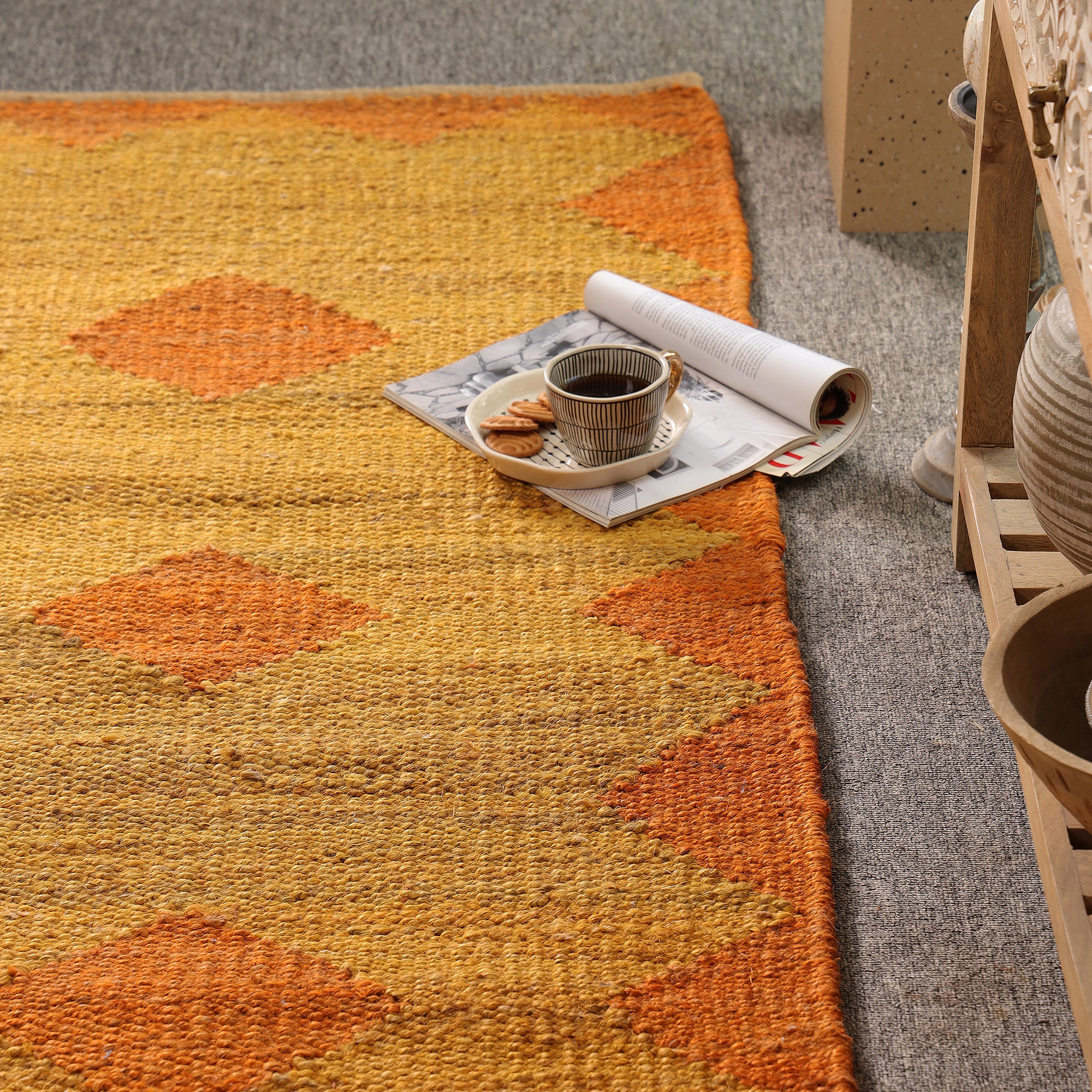 Handwoven Jute Area Rug โ Mustard & Orange Geometric Pattern | Eco-Friendly Boho Living Room Carpet | RugzCraft
