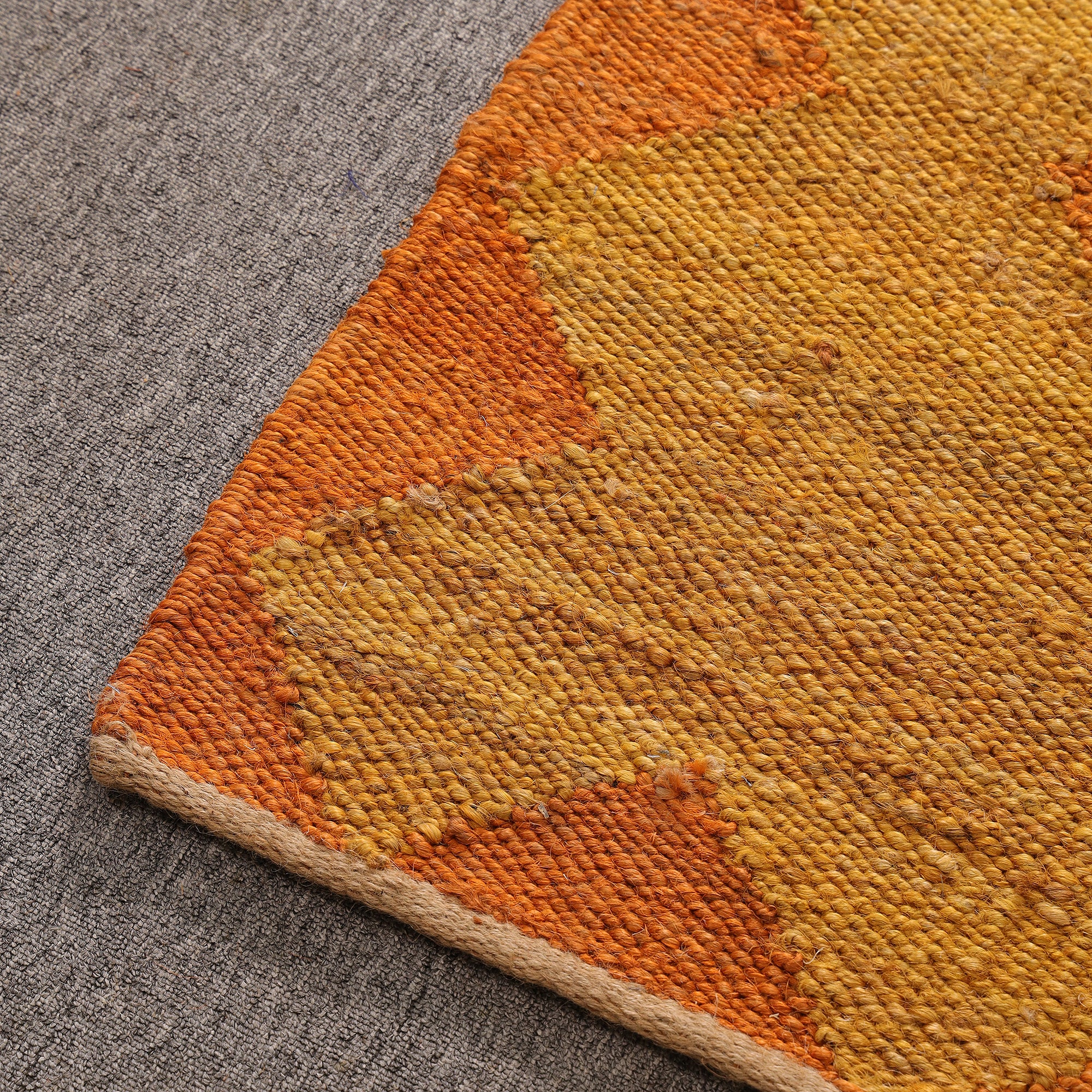 Handwoven Jute Area Rug โ Mustard & Orange Geometric Pattern | Eco-Friendly Boho Living Room Carpet | RugzCraft