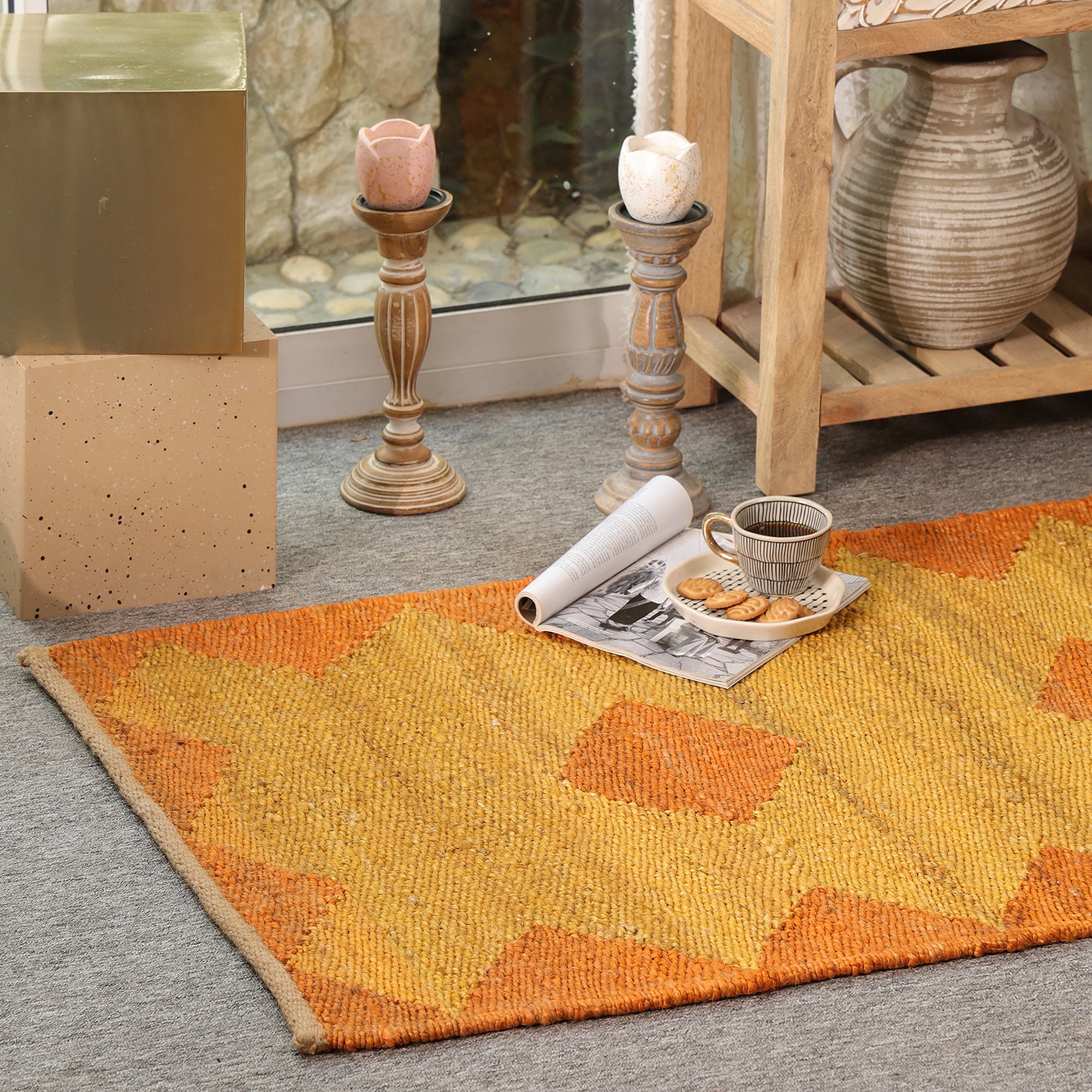 Handwoven Jute Area Rug โ Mustard & Orange Geometric Pattern | Eco-Friendly Boho Living Room Carpet | RugzCraft