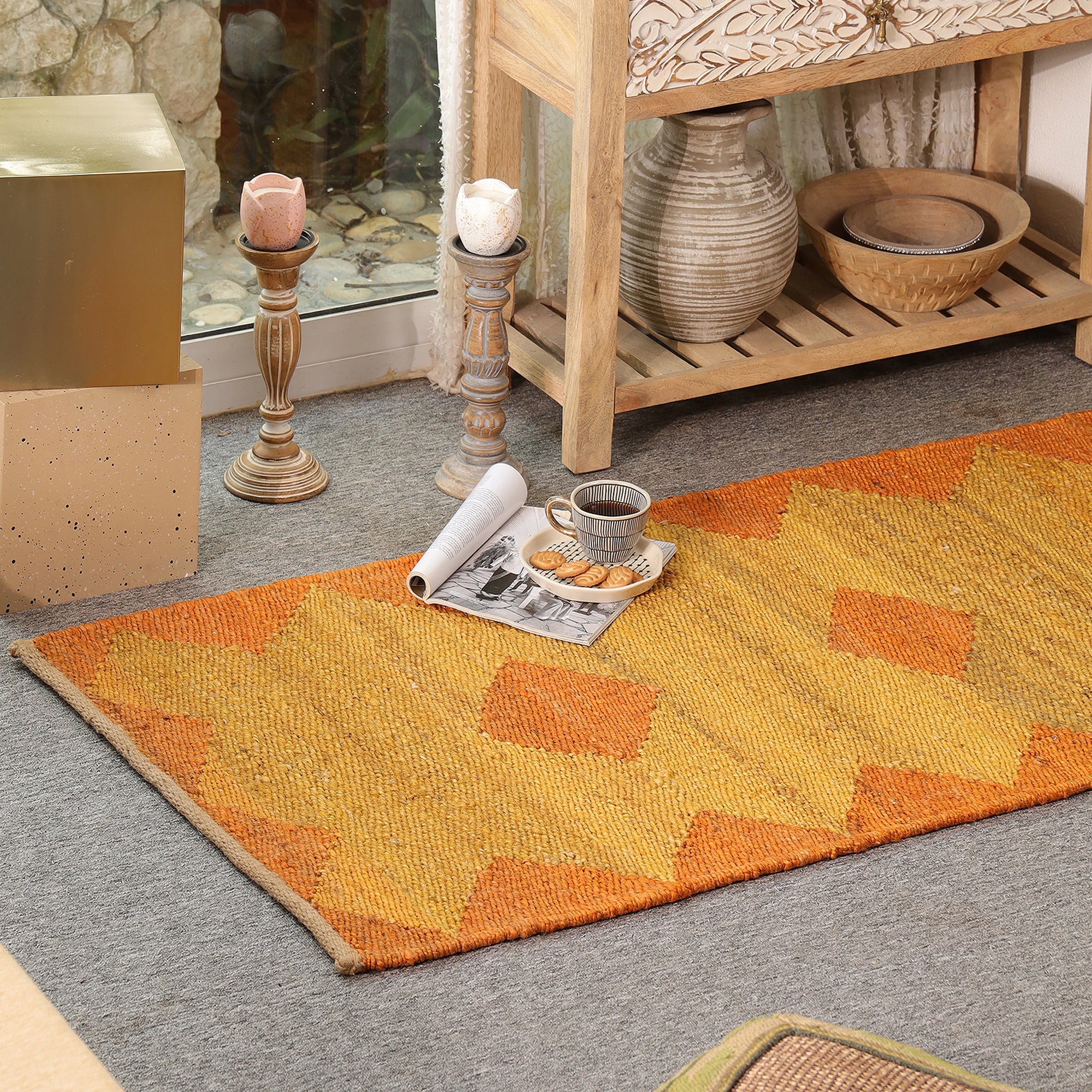 Handwoven Jute Area Rug โ Mustard & Orange Geometric Pattern | Eco-Friendly Boho Living Room Carpet | RugzCraft
