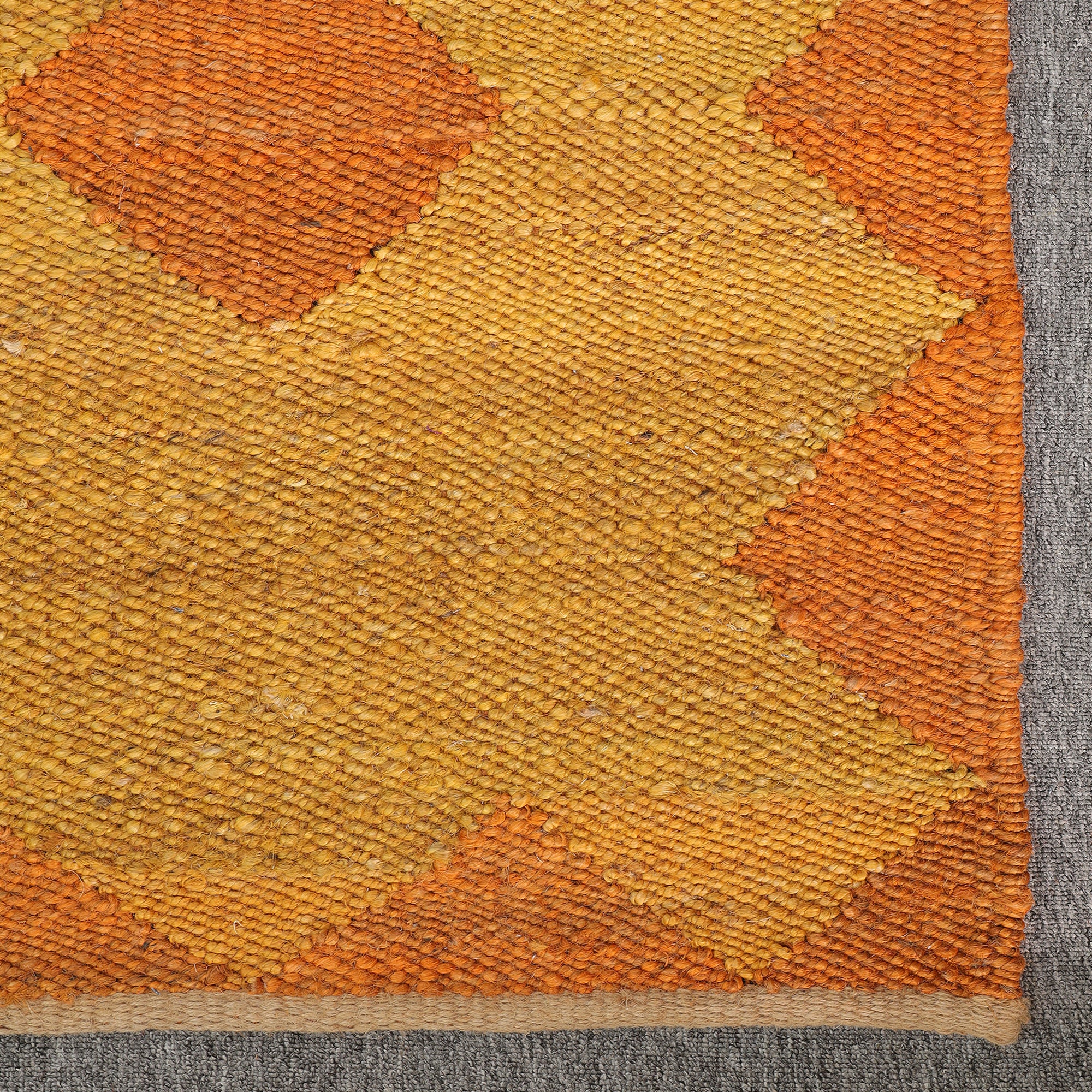 Handwoven Jute Area Rug โ Mustard & Orange Geometric Pattern | Eco-Friendly Boho Living Room Carpet | RugzCraft