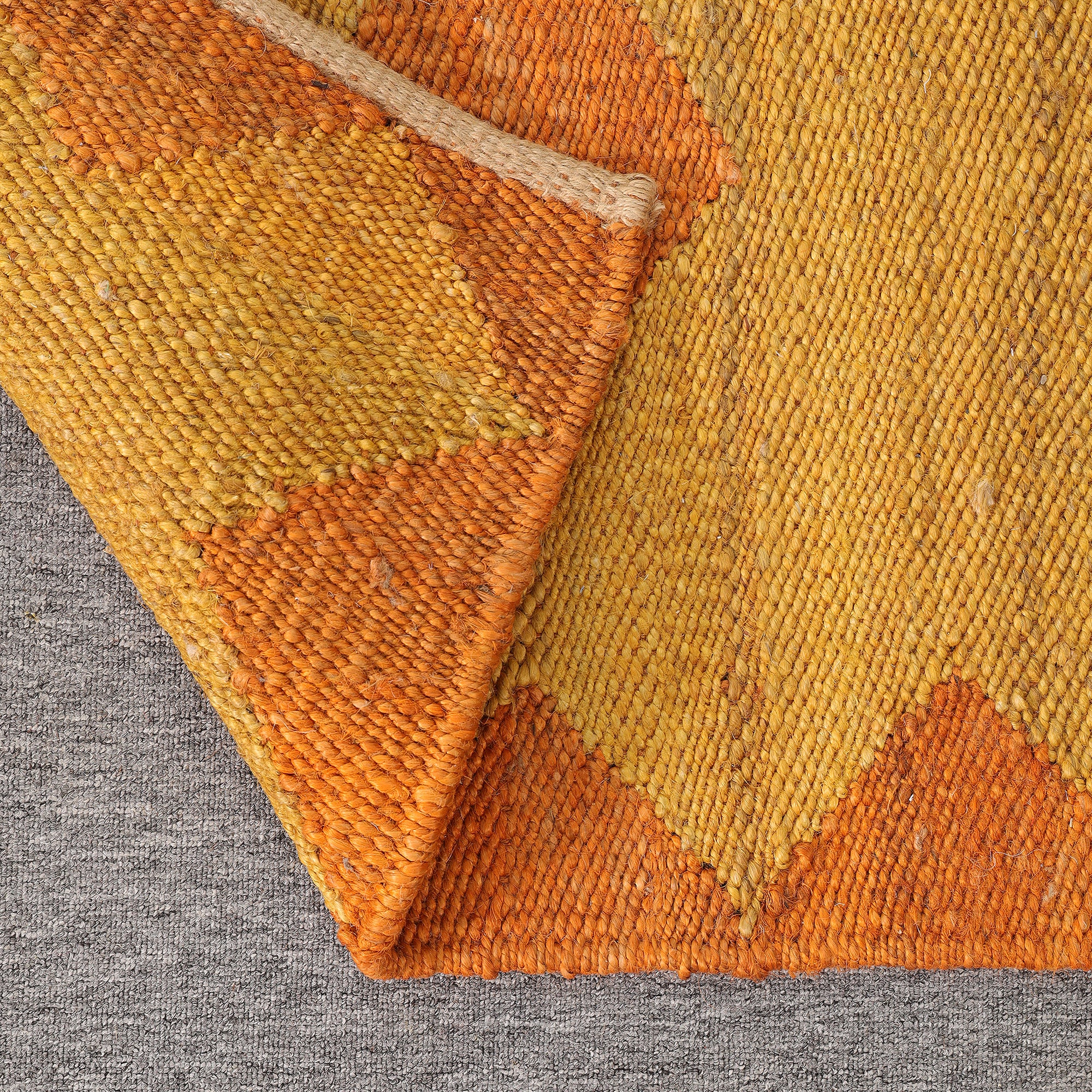 Handwoven Jute Area Rug โ Mustard & Orange Geometric Pattern | Eco-Friendly Boho Living Room Carpet | RugzCraft